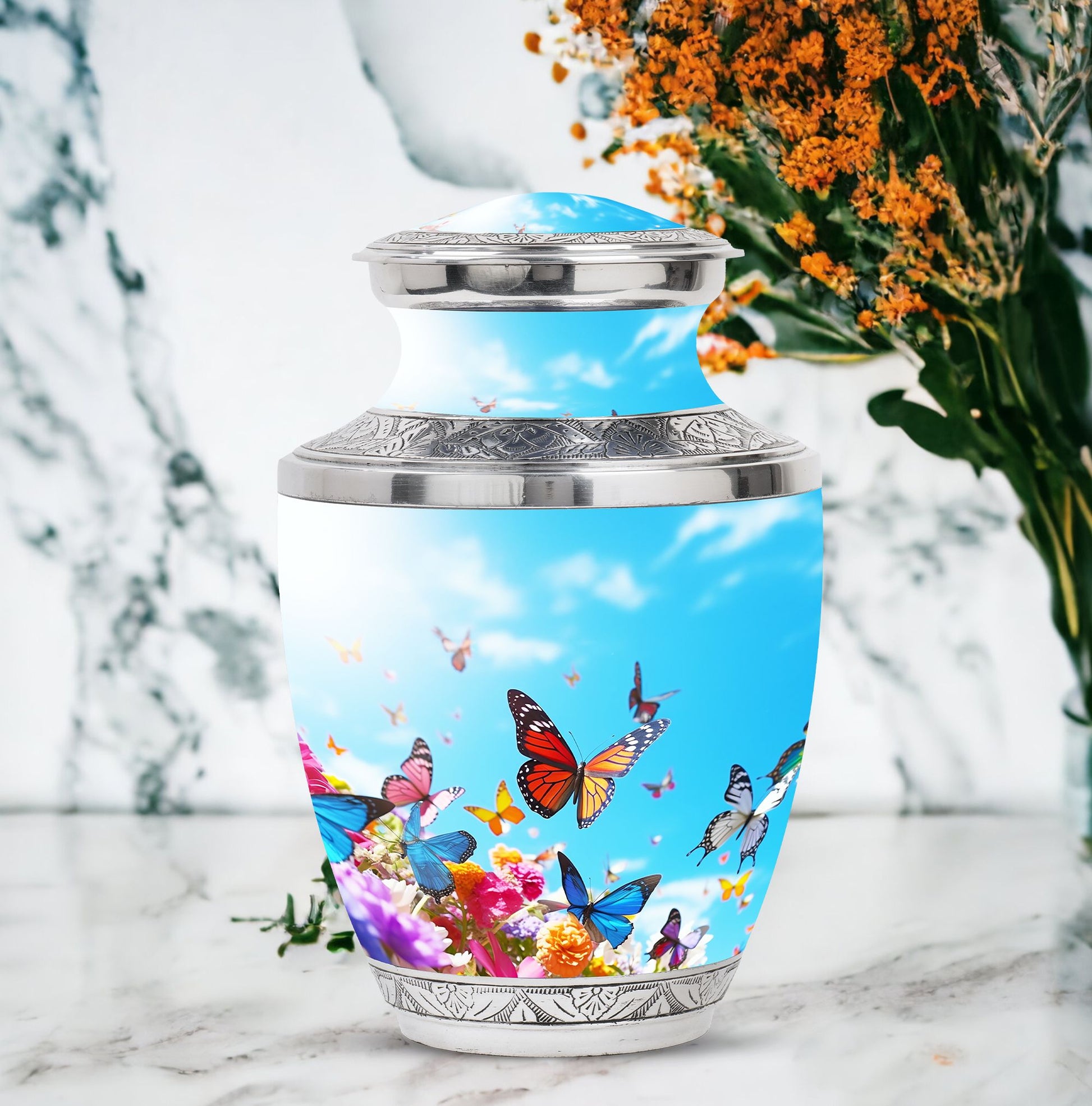 Blue Butterflies Urn symbolizing peace and tranquility, ideal for ashes of an adult female and perfect as a funeral urn for mom