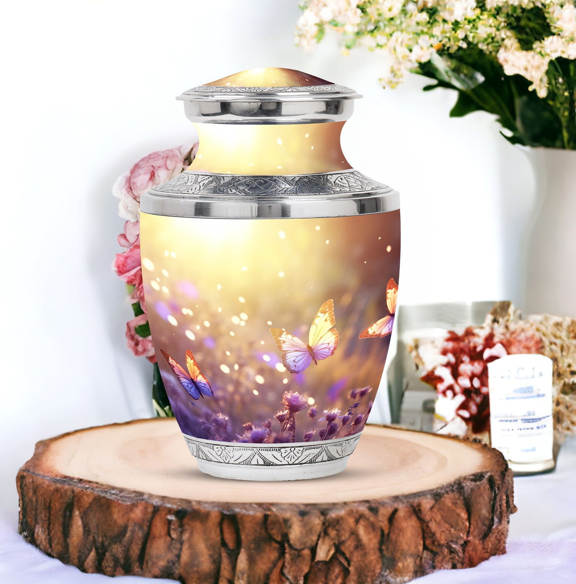 Elegant Butterflies Fly Morning Urn, ideal funeral urns for adult male human ashes, a significant memorial token