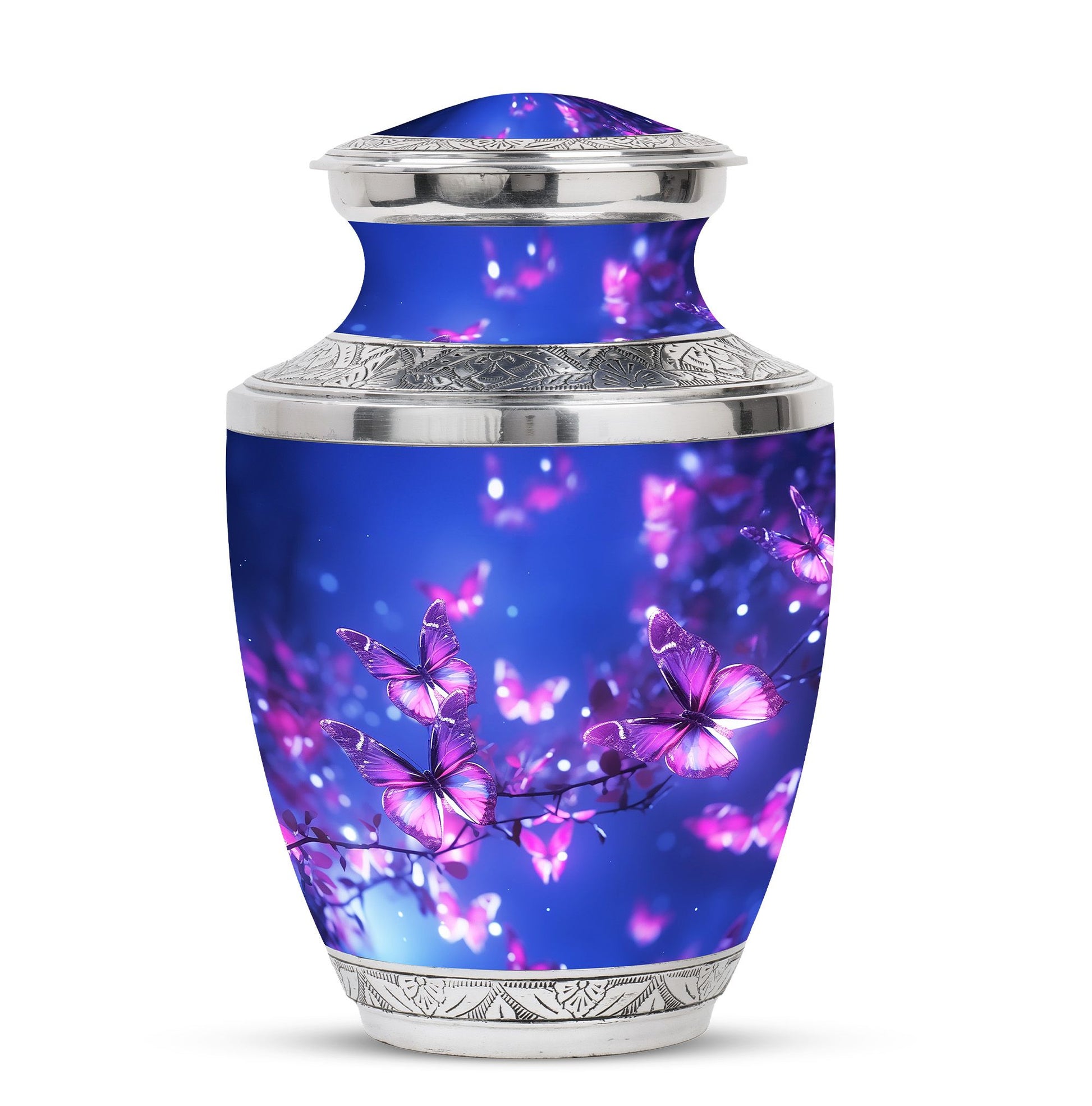 Blue butterfly urn in pink, large cremation burial urn for adult ashes, ideal for remembering loved ones