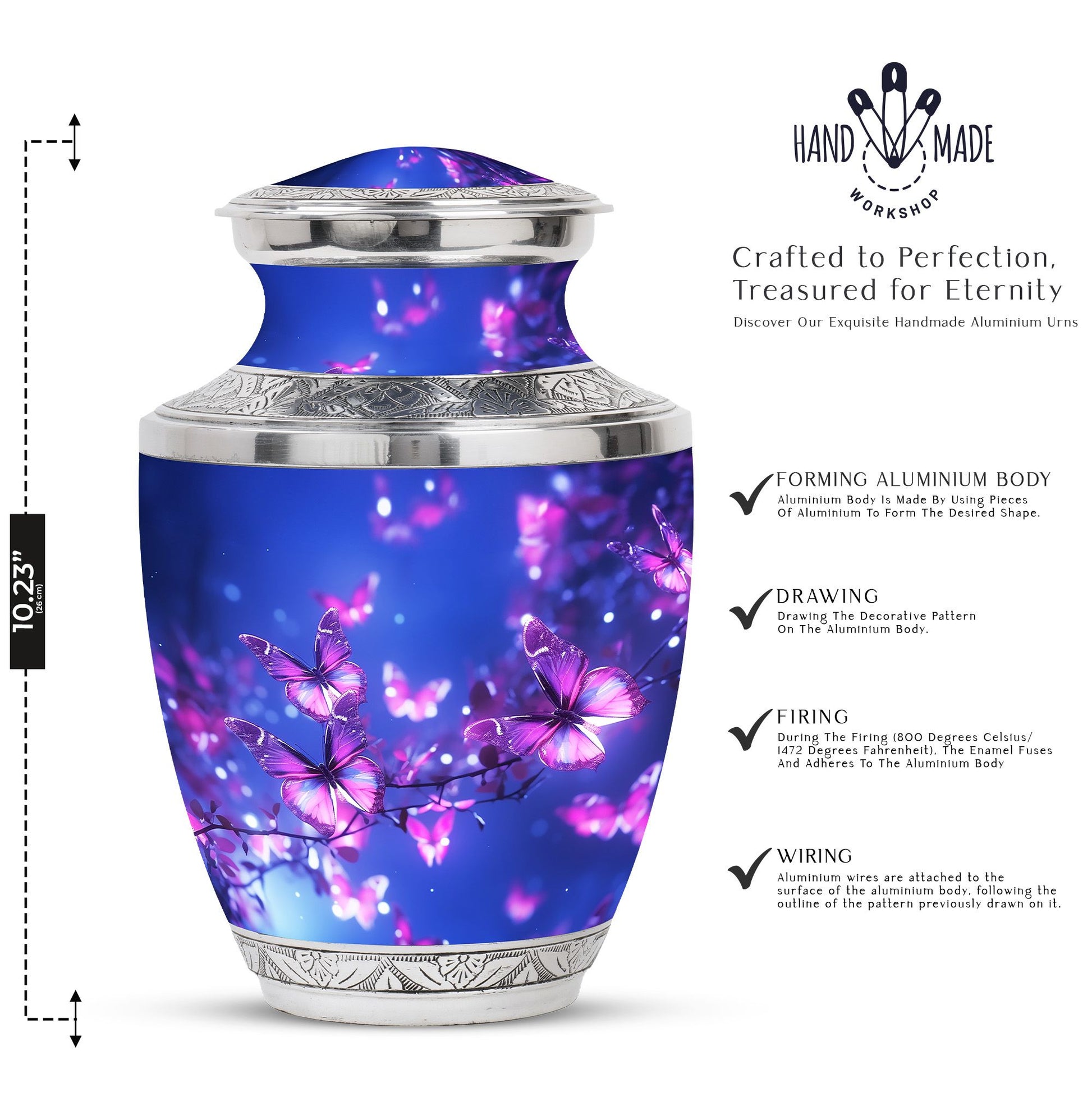 Blue butterfly urn in pink, large cremation burial urn for adult ashes, ideal for remembering loved ones