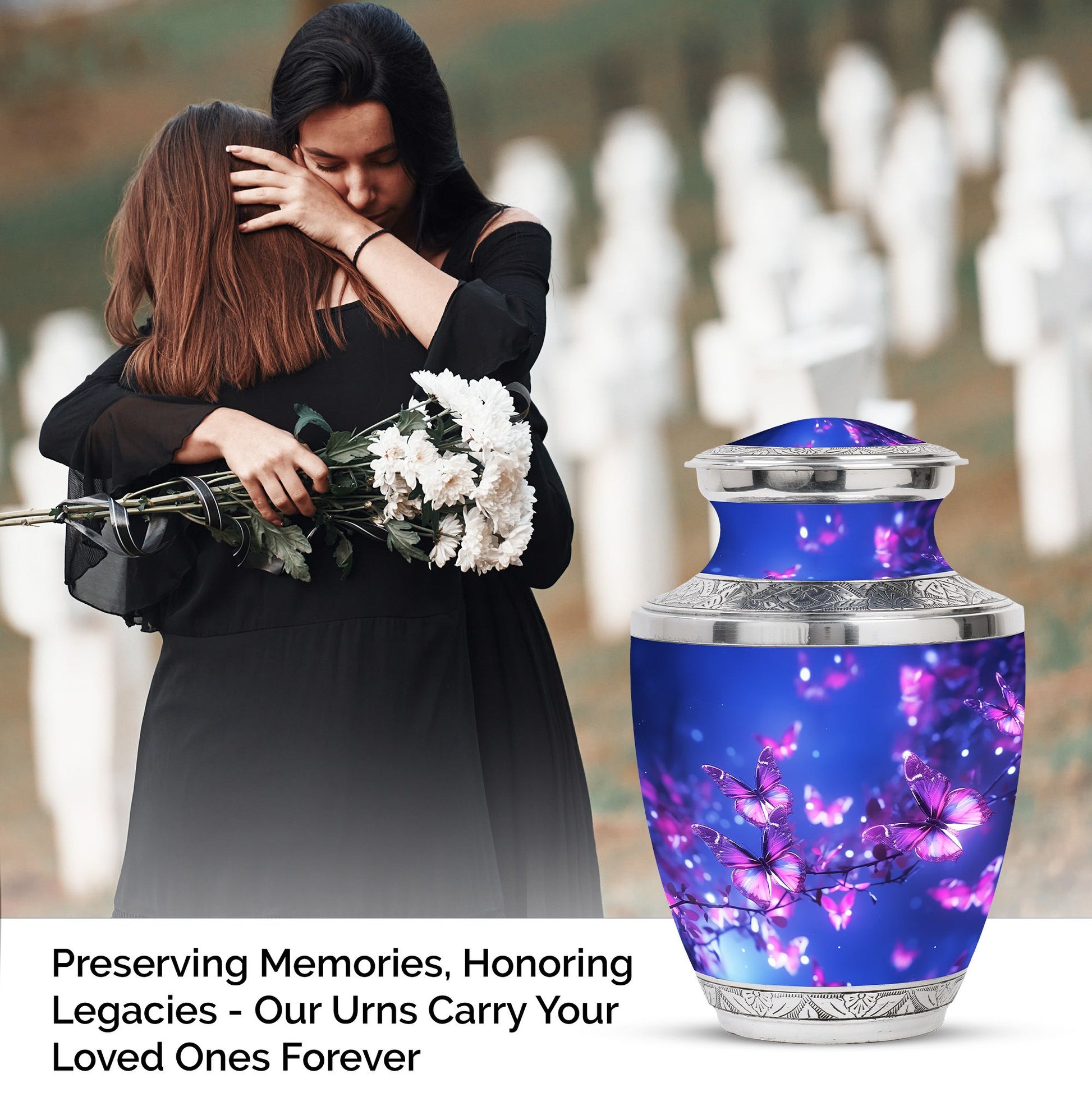 Blue butterfly urn in pink, large cremation burial urn for adult ashes, ideal for remembering loved ones