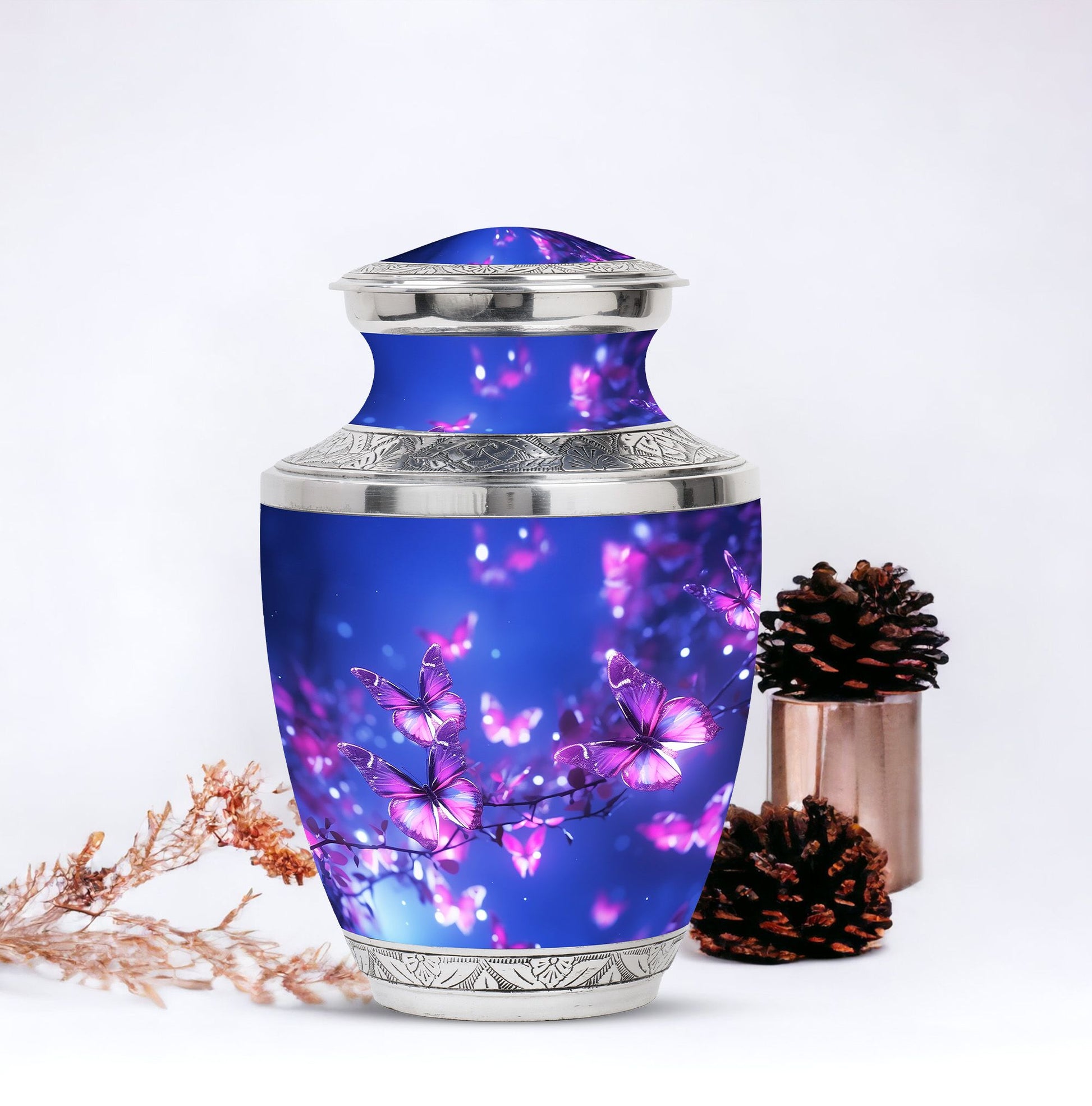 Blue butterfly urn in pink, large cremation burial urn for adult ashes, ideal for remembering loved ones