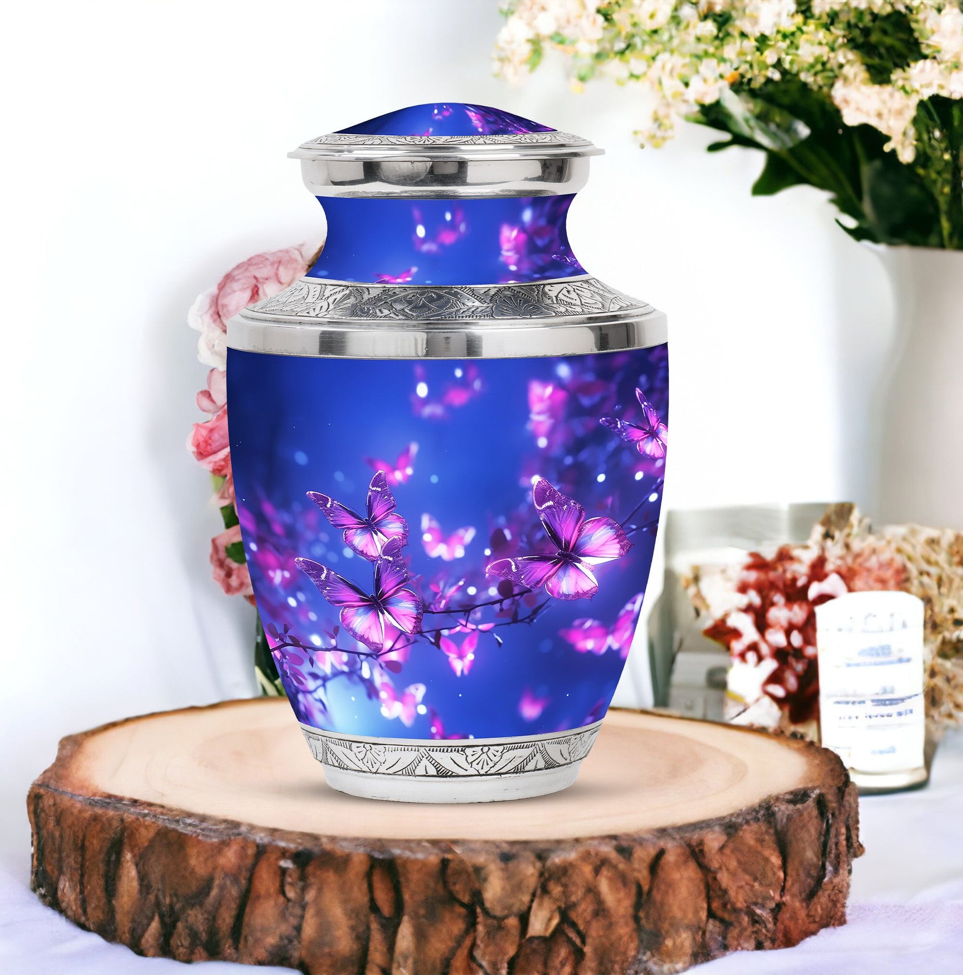 Blue butterfly urn in pink, large cremation burial urn for adult ashes, ideal for remembering loved ones