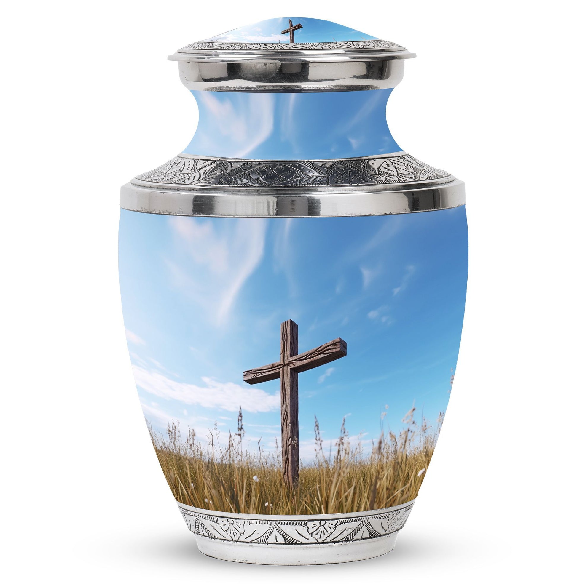 Classic 3-inch Jesus Christ Cross cremation urn.