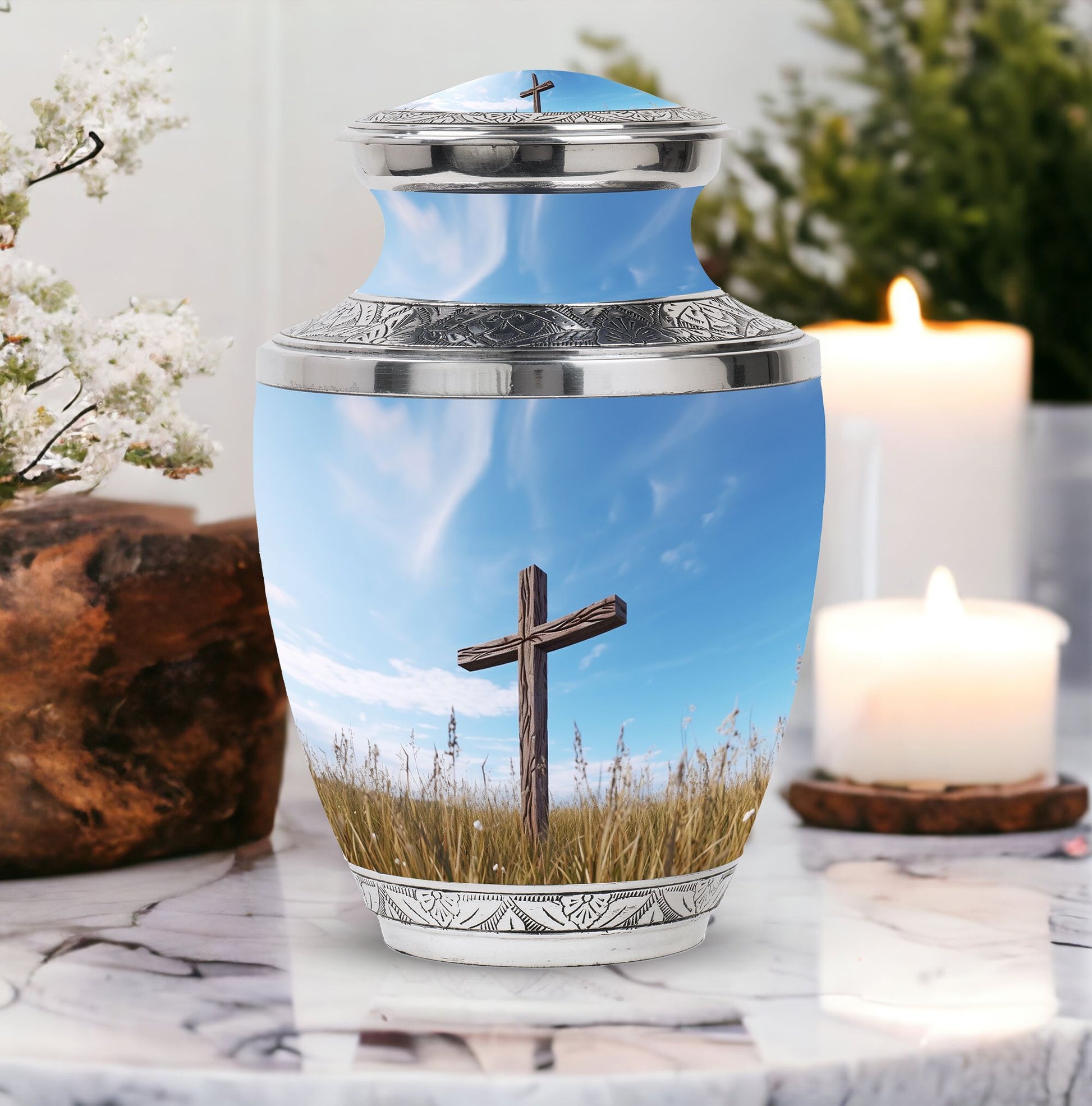 Classic 3-inch Jesus Christ Cross cremation urn.