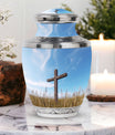 Classic 3-inch Jesus Christ Cross cremation urn.