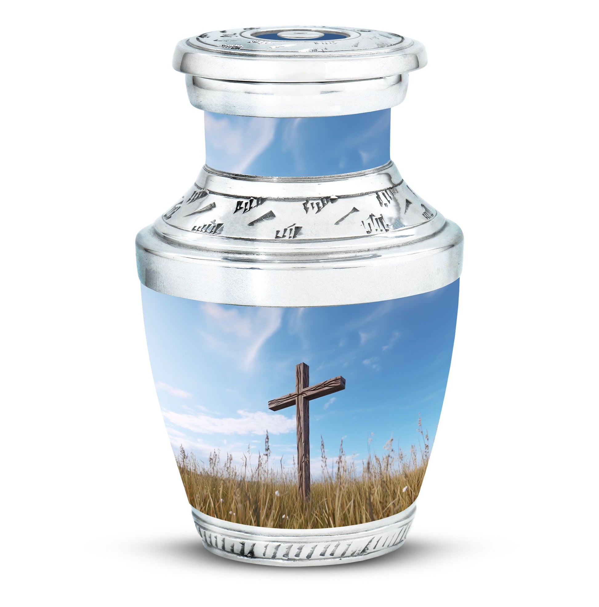 Classic 3-inch Jesus Christ Cross cremation urn.