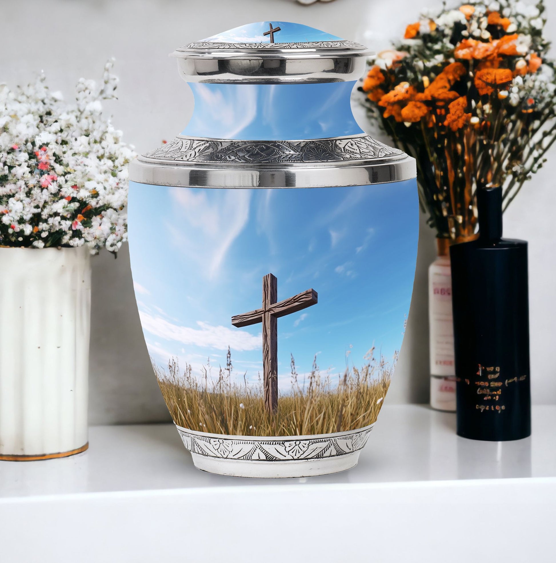 Classic 3-inch Jesus Christ Cross cremation urn.