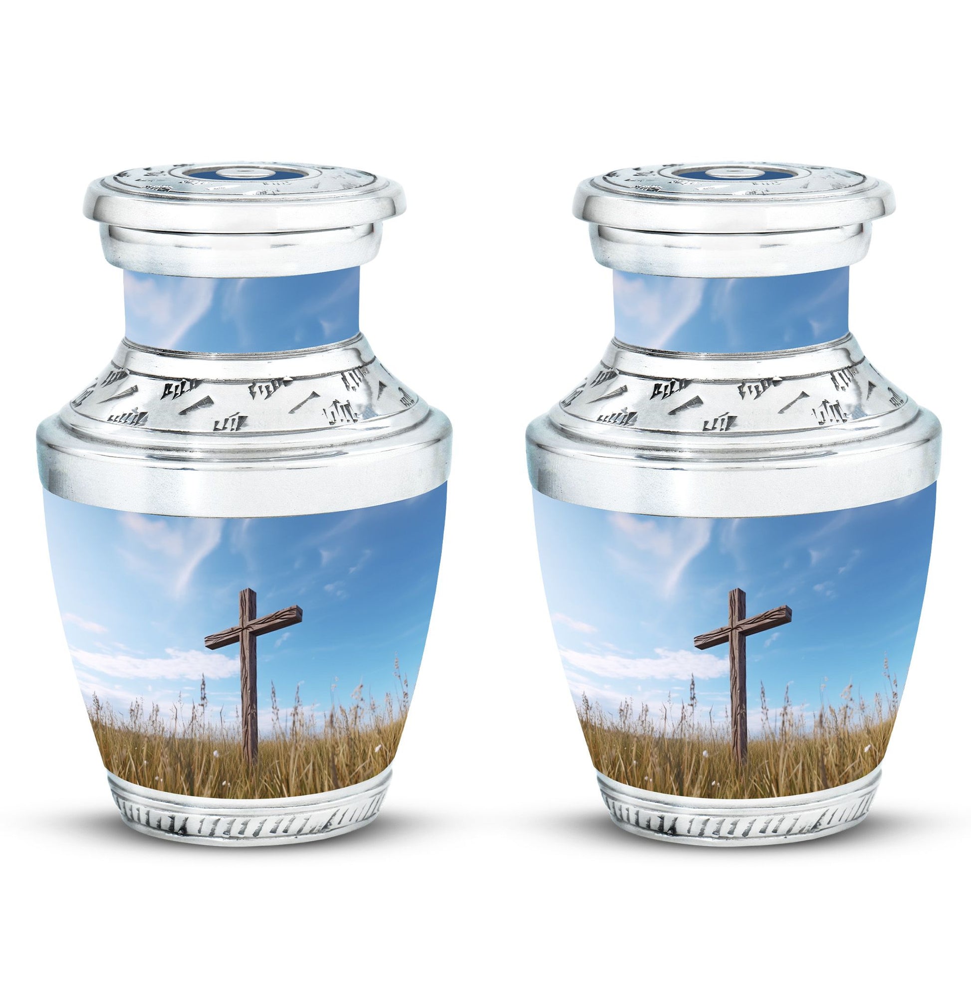 Classic 3-inch Jesus Christ Cross cremation urn.