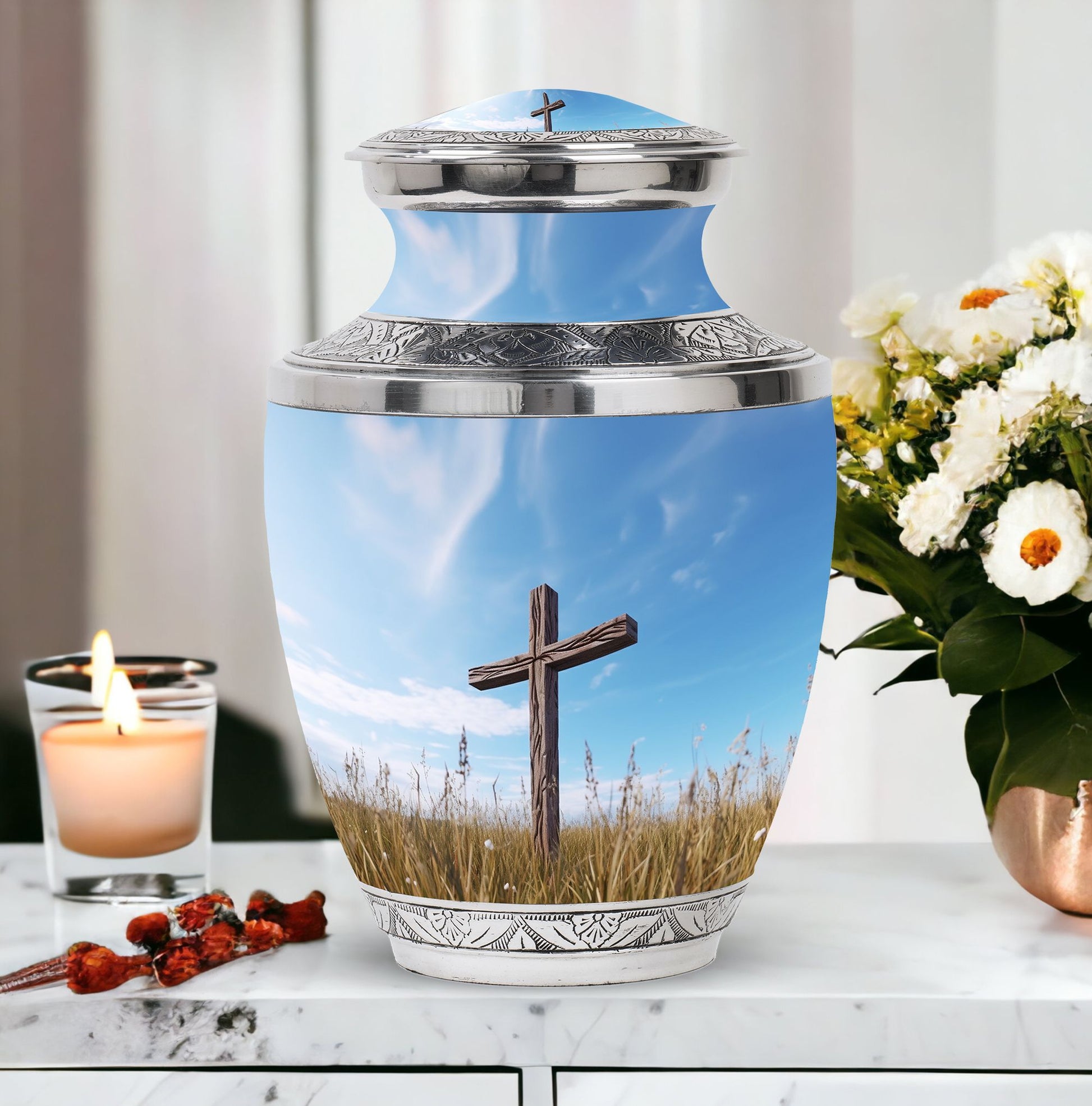 Classic 3-inch Jesus Christ Cross cremation urn.