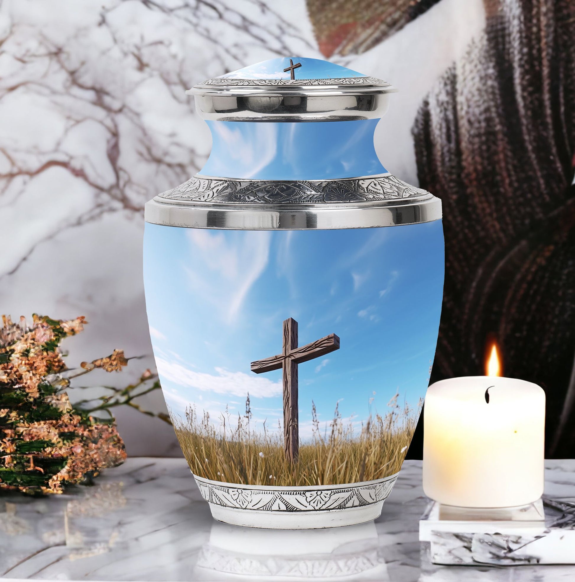 Classic 3-inch Jesus Christ Cross cremation urn.