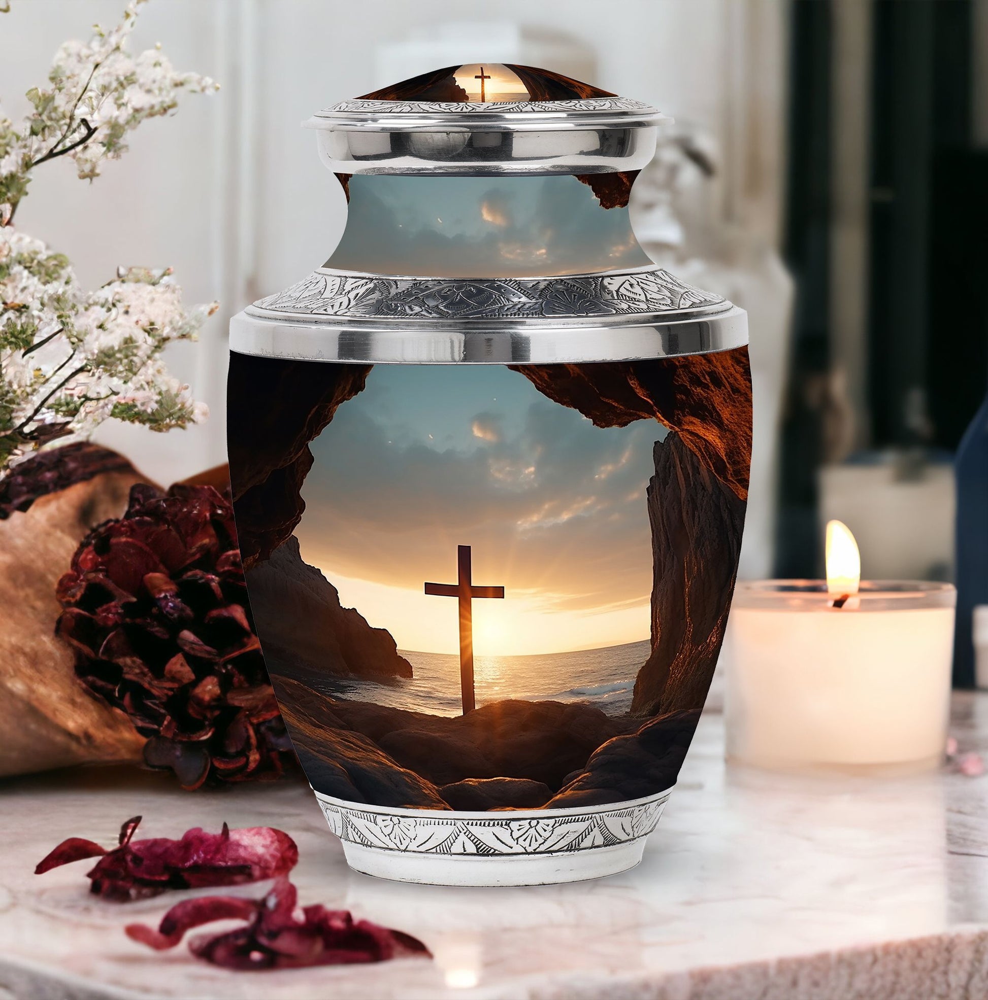 Large Ocean Jesus Cross Urn for Human Ashes.