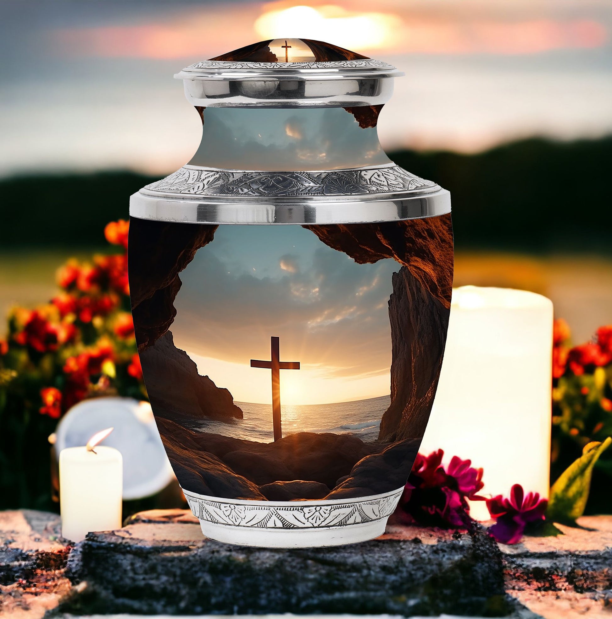 Large Ocean Jesus Cross Urn for Human Ashes.