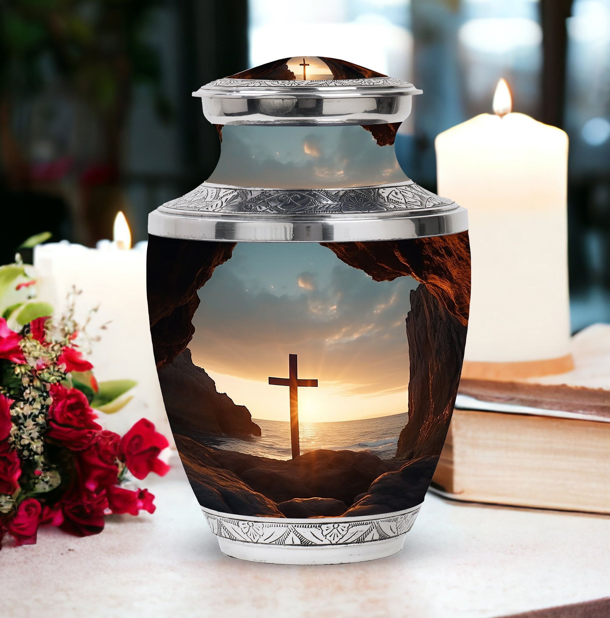 Large Ocean Jesus Cross Urn for Human Ashes.