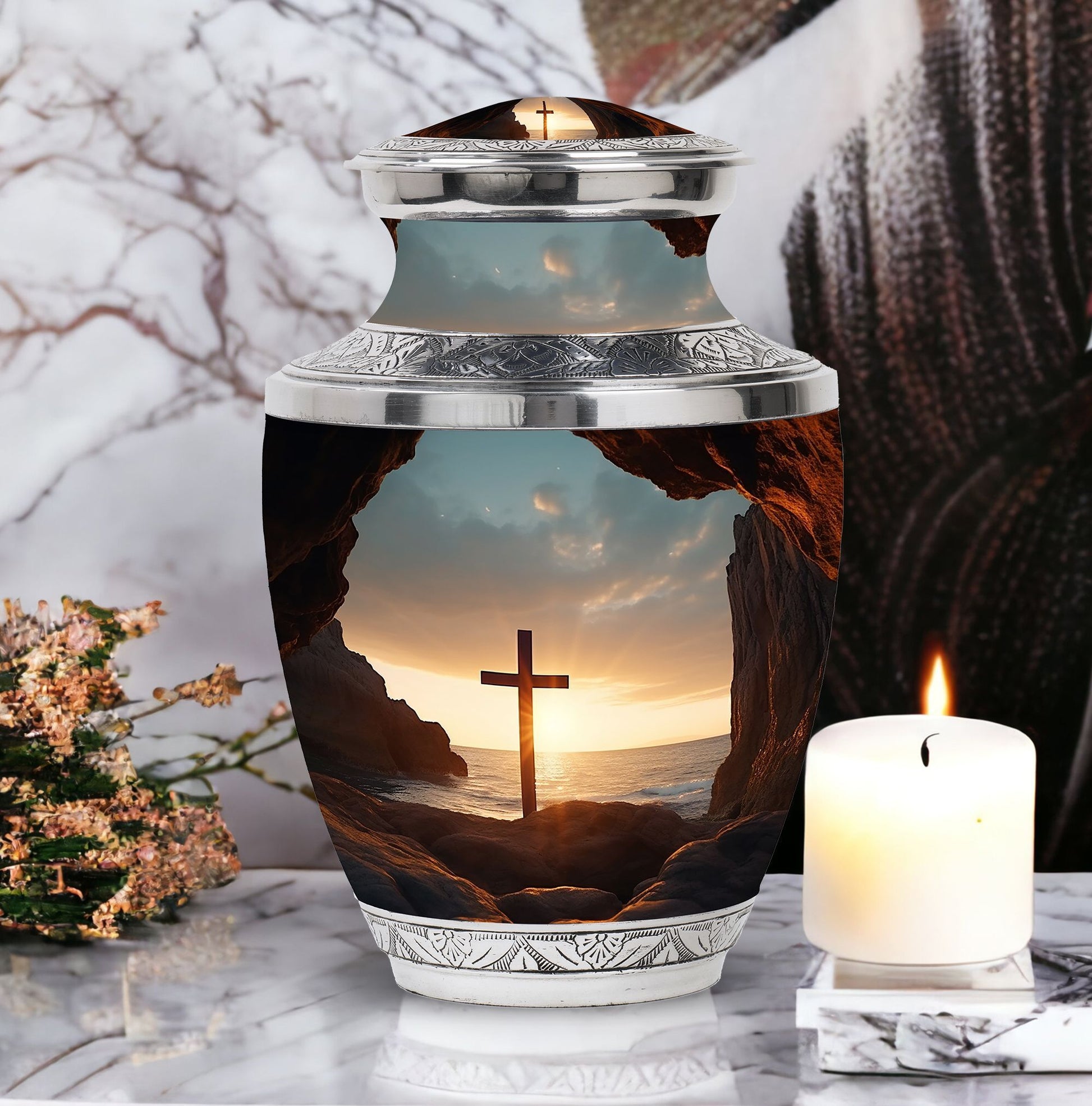 Large Ocean Jesus Cross Urn for Human Ashes.