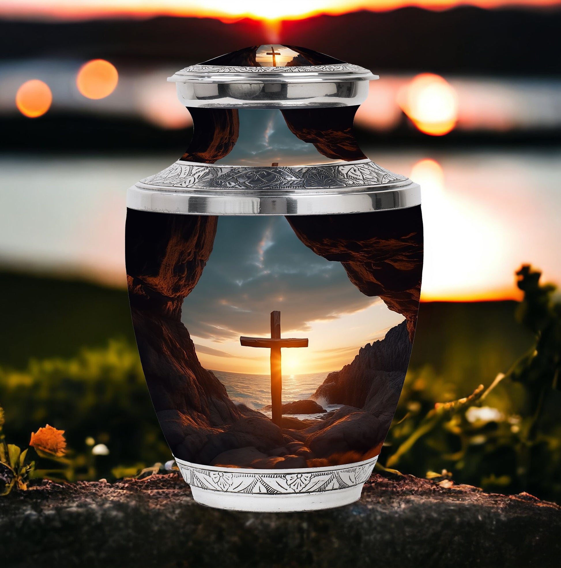 Classic 10-inch Ocean Jesus Cross Cremation Urn.