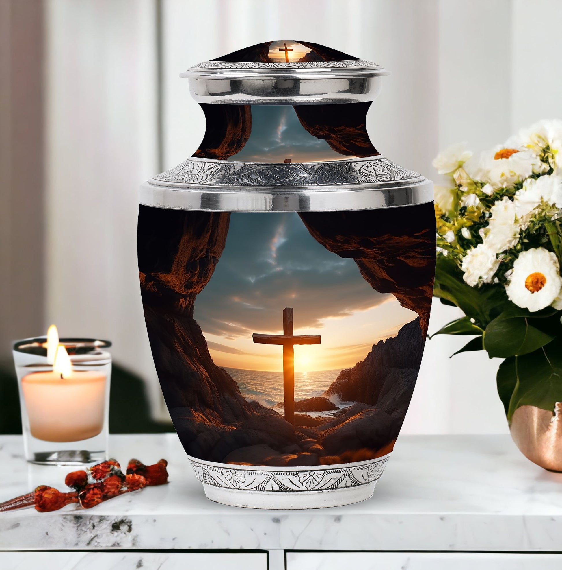 Classic 10-inch Ocean Jesus Cross Cremation Urn.