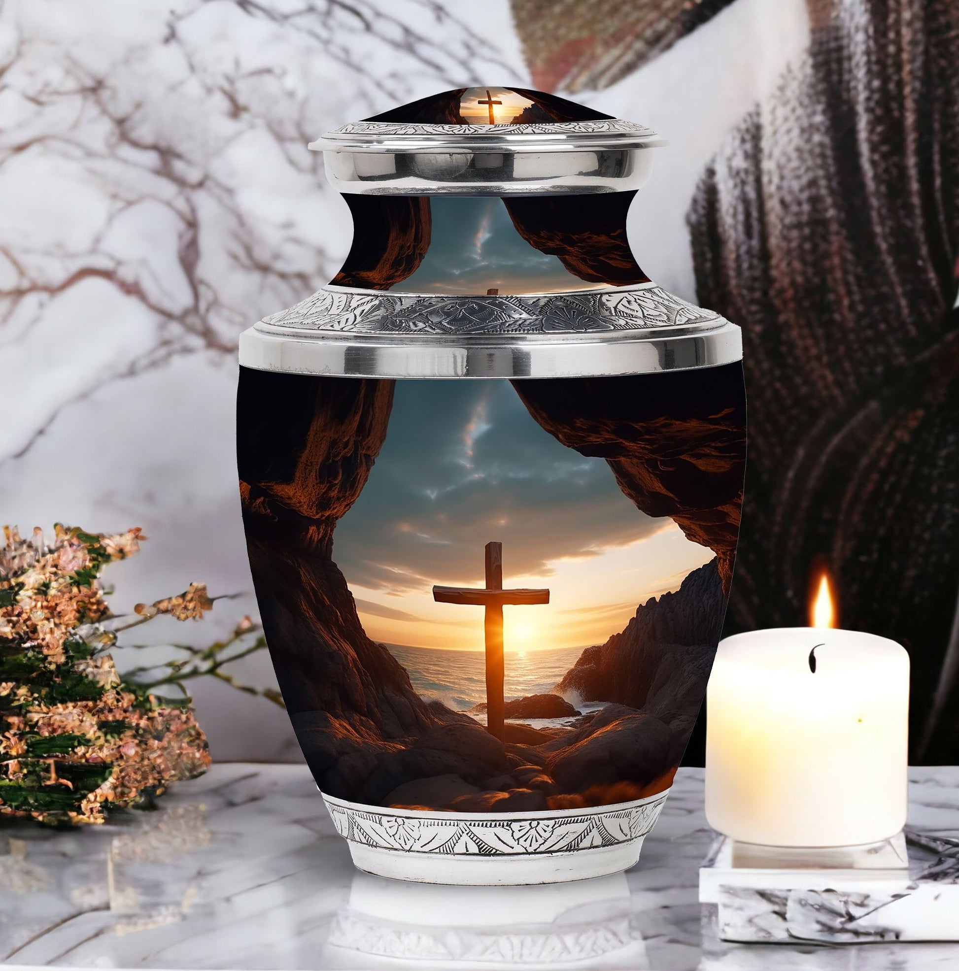 Classic 10-inch Ocean Jesus Cross Cremation Urn.