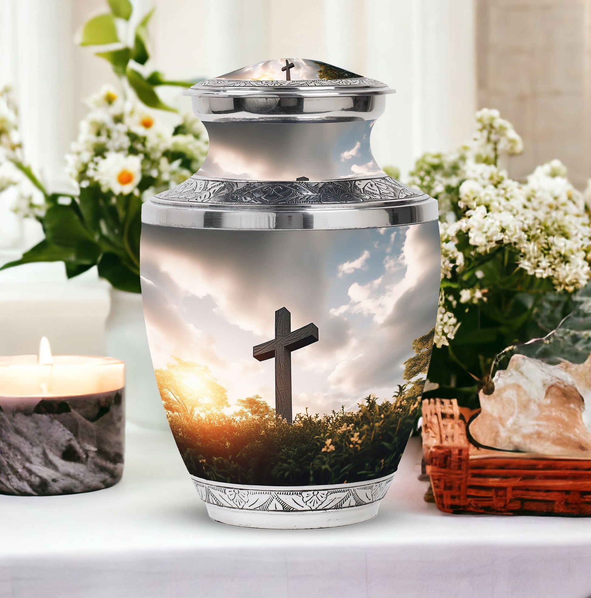 Classic 3-inch Jesus Christ Cross Cremation Urn.