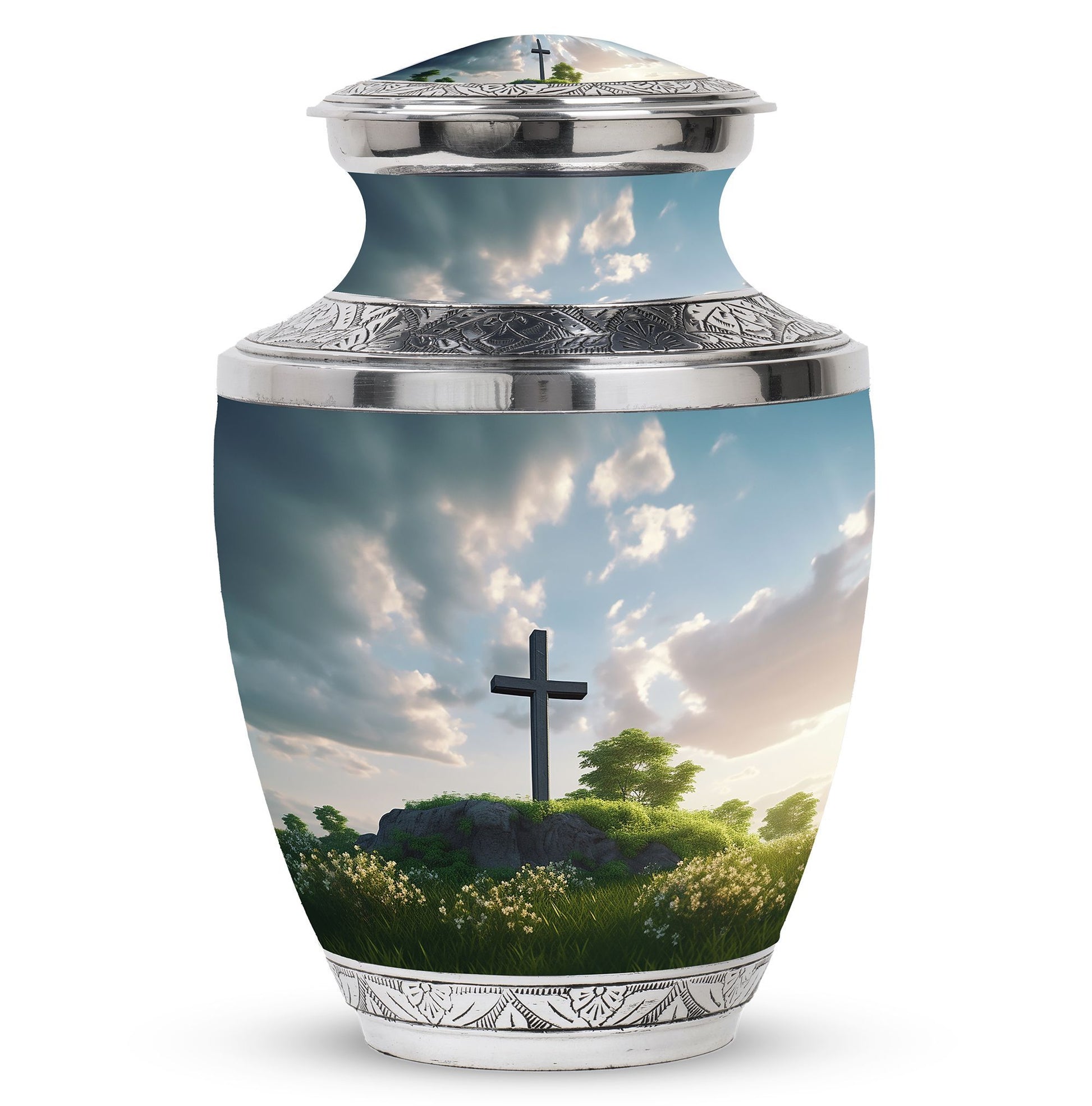 Jesus Christ cross Memorial Urn made of aluminium.