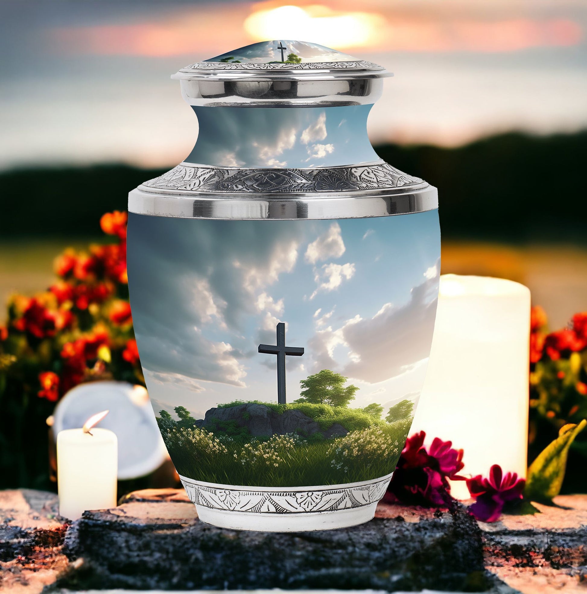 Jesus Christ cross Memorial Urn made of aluminium.