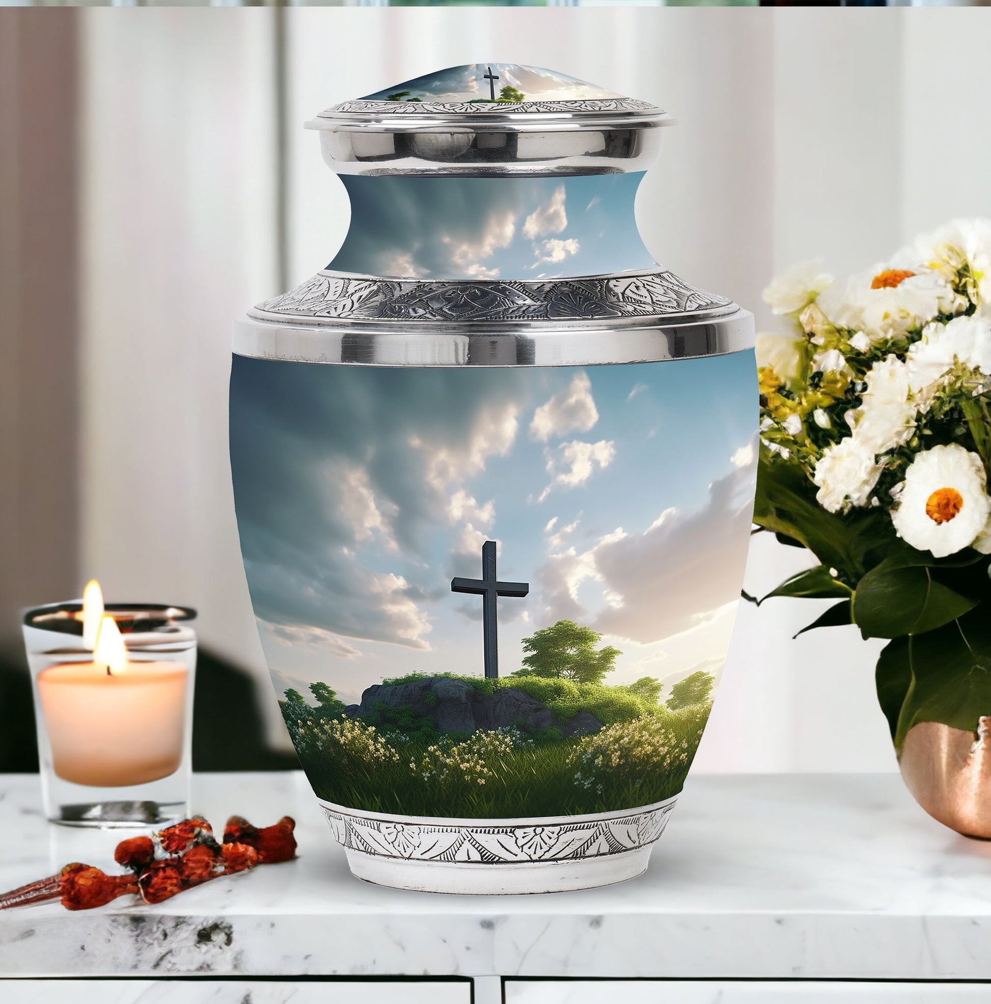 Jesus Christ cross Memorial Urn made of aluminium.