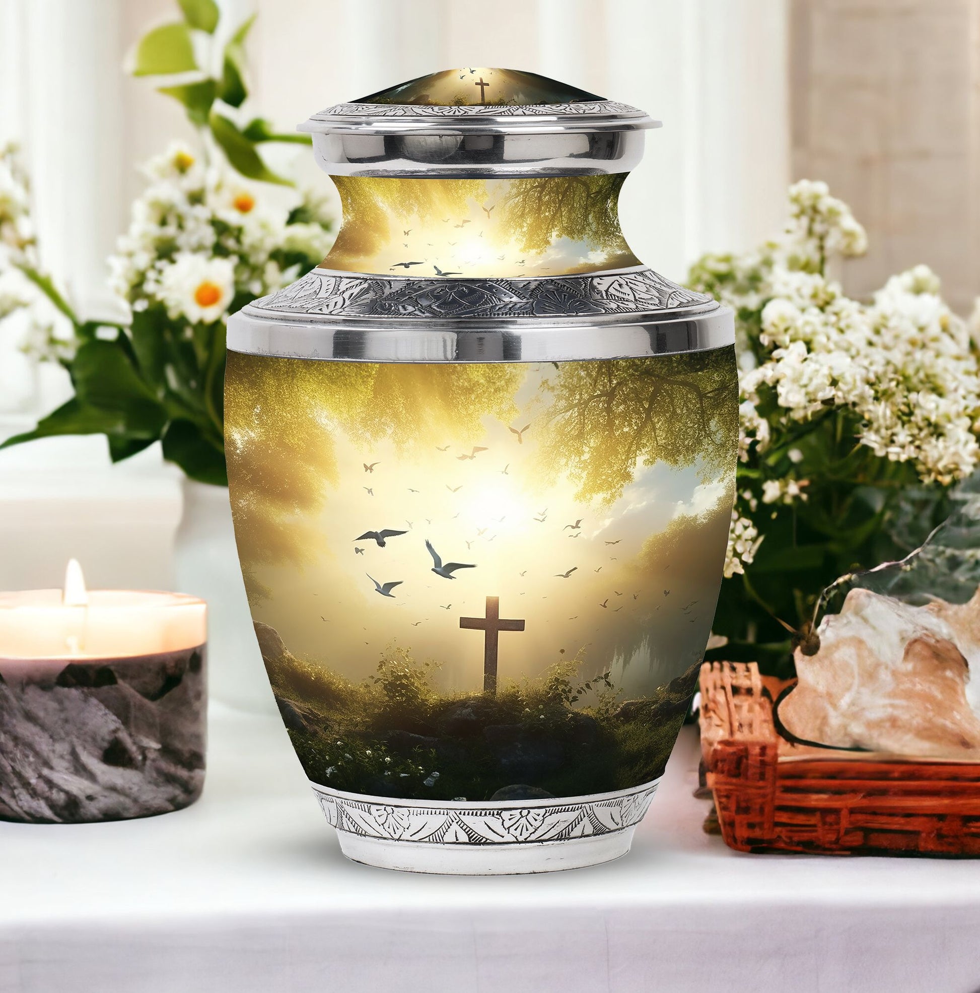 Classic Urn for Ashes, Jesus Christ Cross Design.