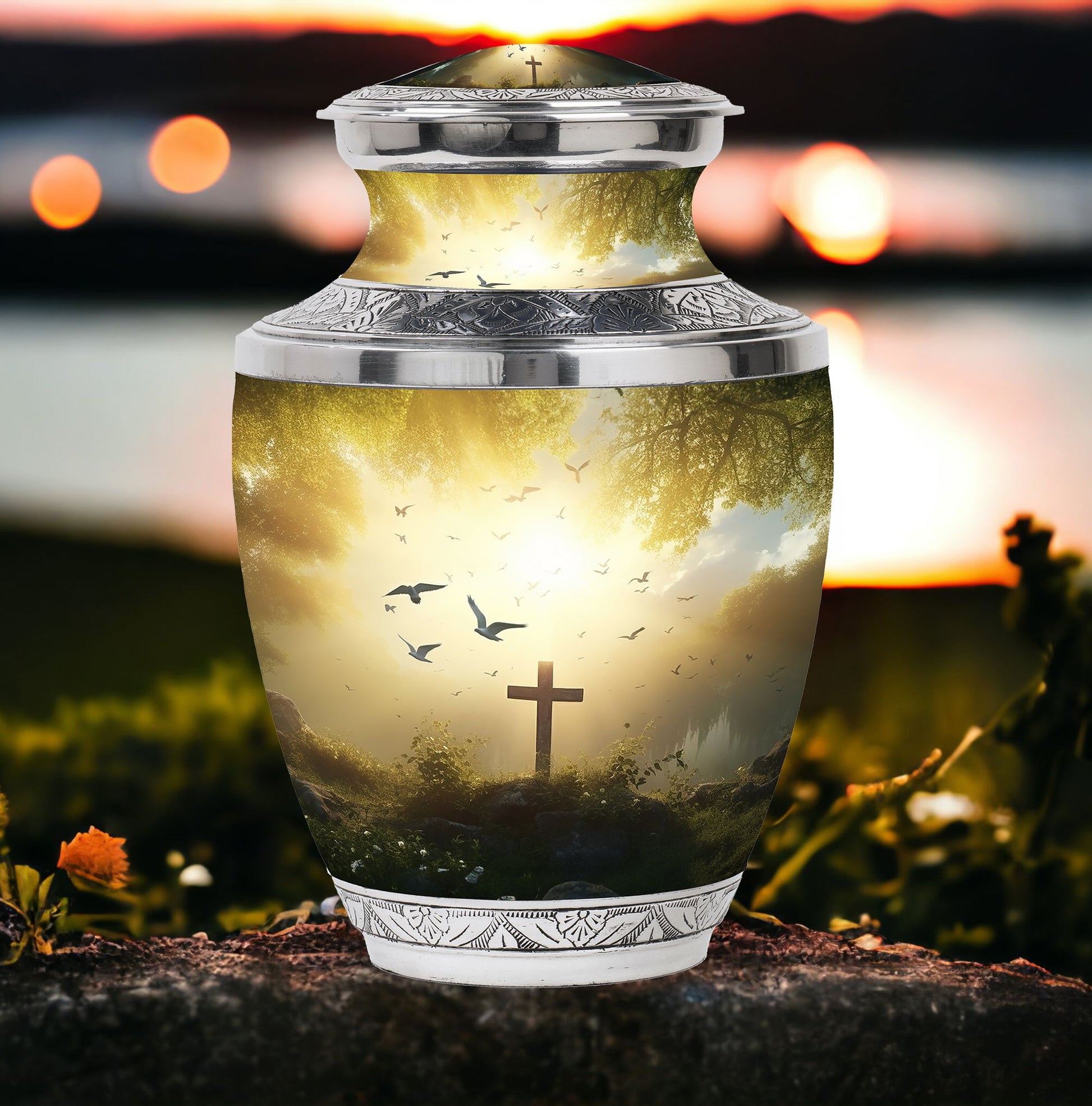 Classic Urn for Ashes, Jesus Christ Cross Design.