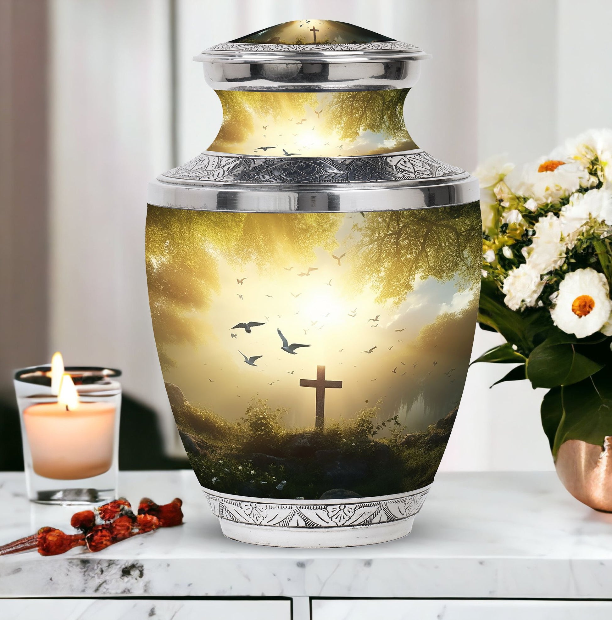 Classic Urn for Ashes, Jesus Christ Cross Design.