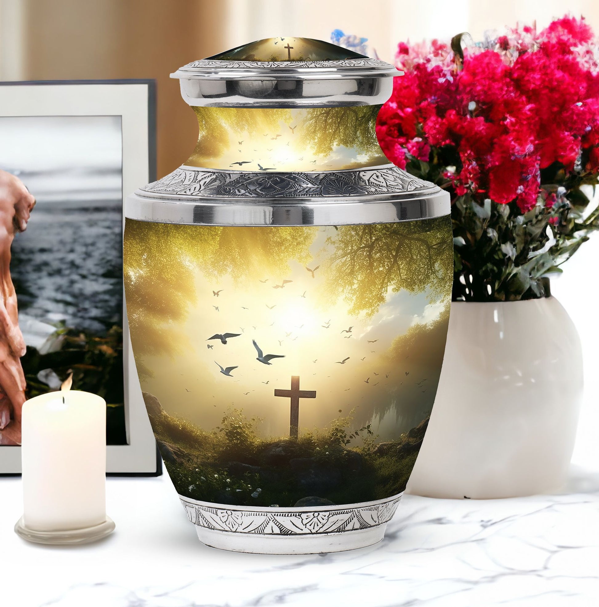 Classic Urn for Ashes, Jesus Christ Cross Design.