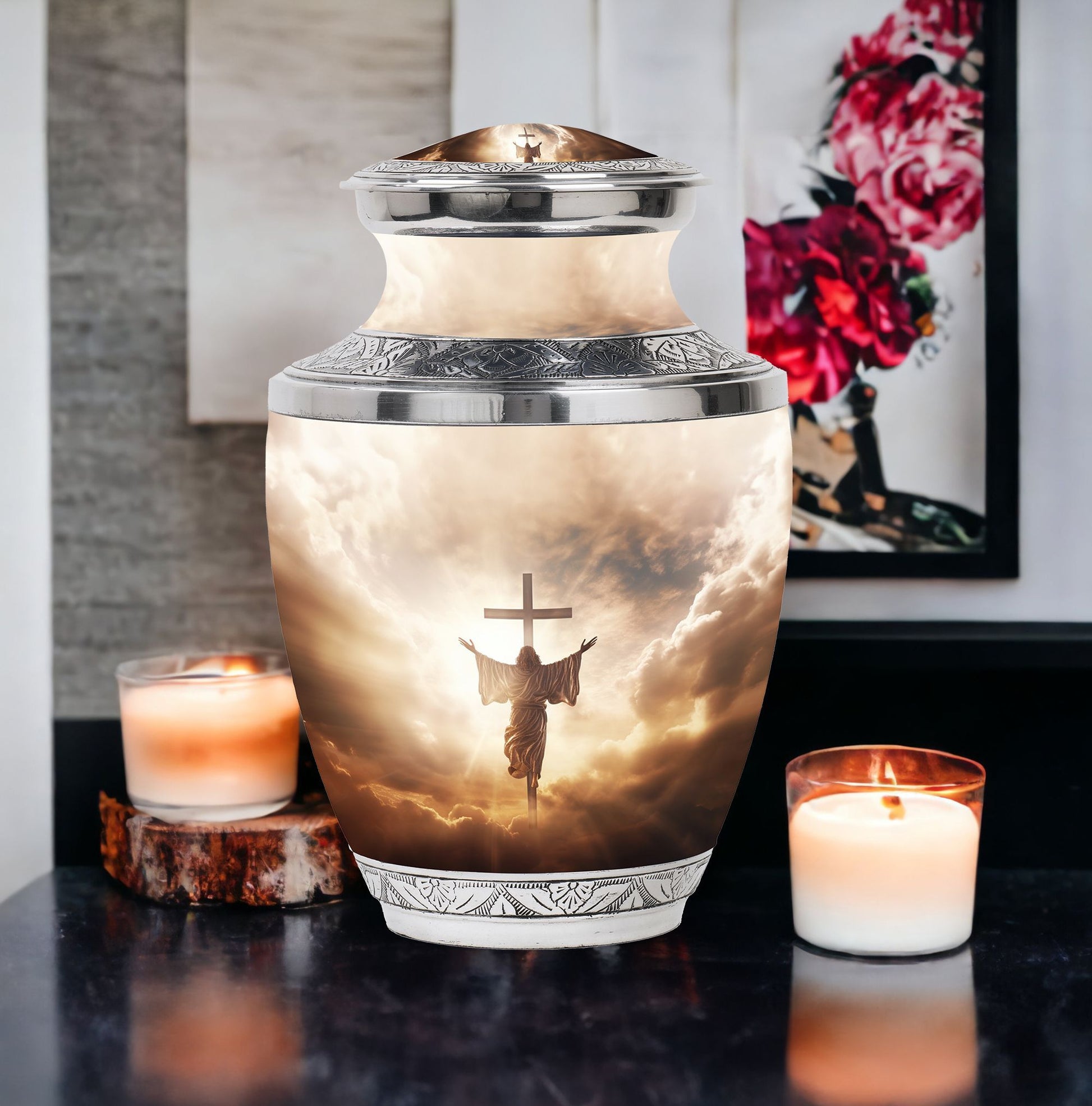 3-inch Jesus Christ cross cremation urn.