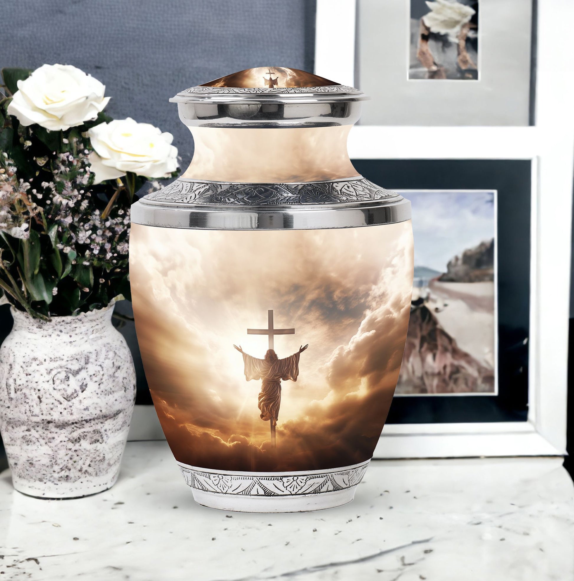 3-inch Jesus Christ cross cremation urn.