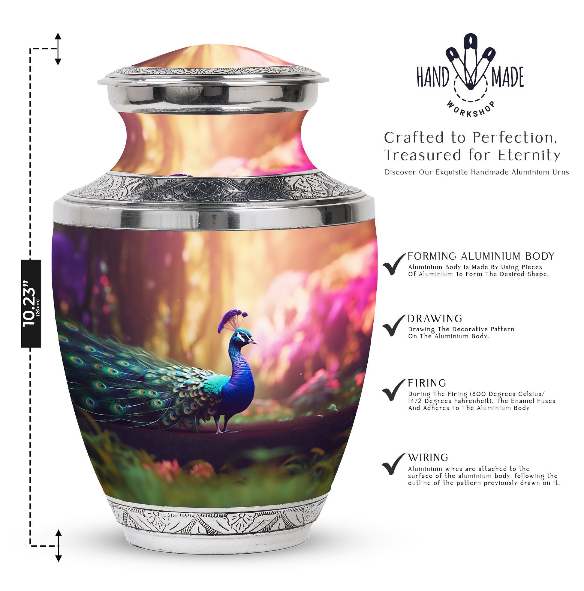 Classic 3-inch Peacock Urn for Ashes, Aluminium Large Urn.