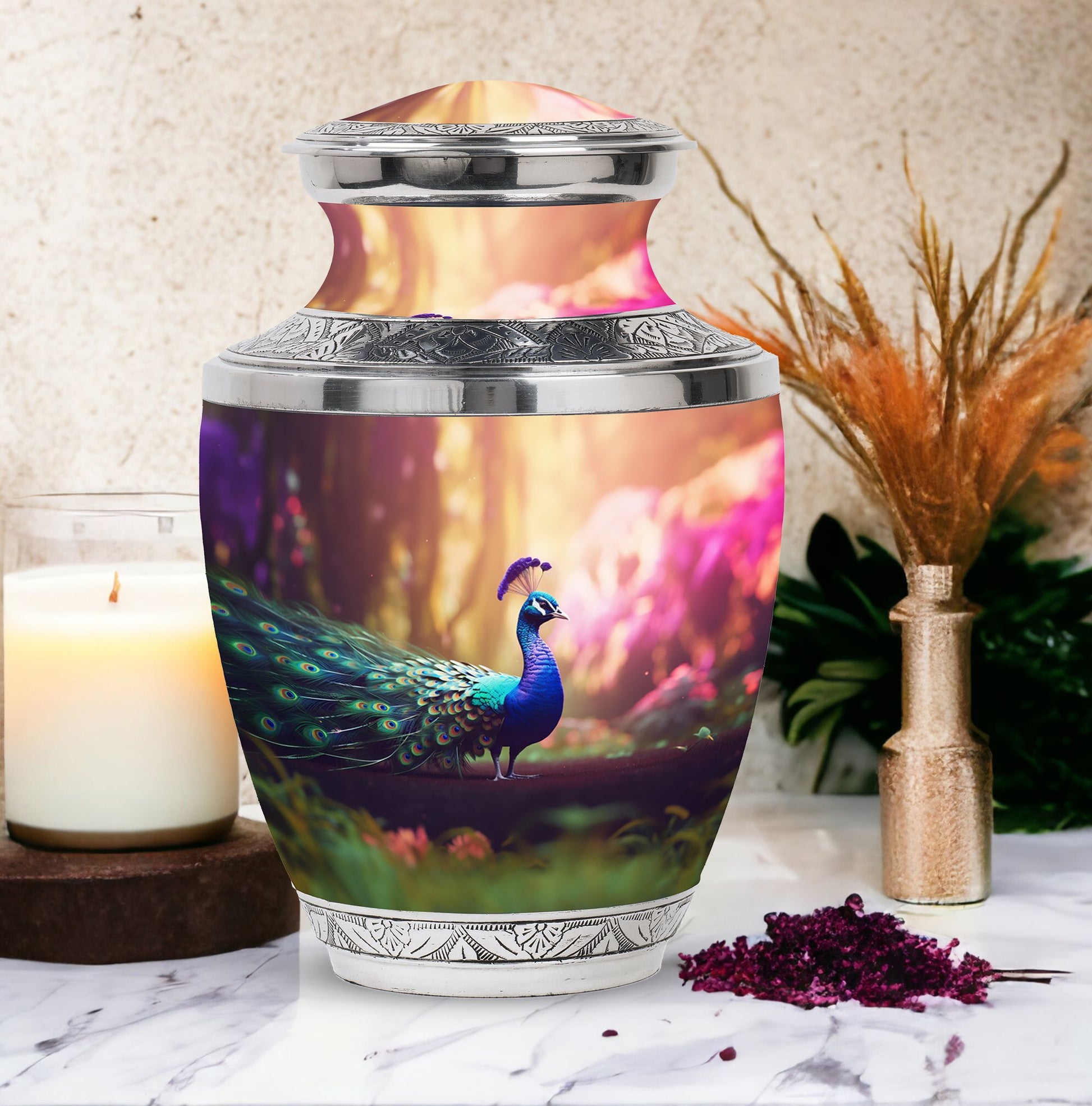 Classic 3-inch Peacock Urn for Ashes, Aluminium Large Urn.