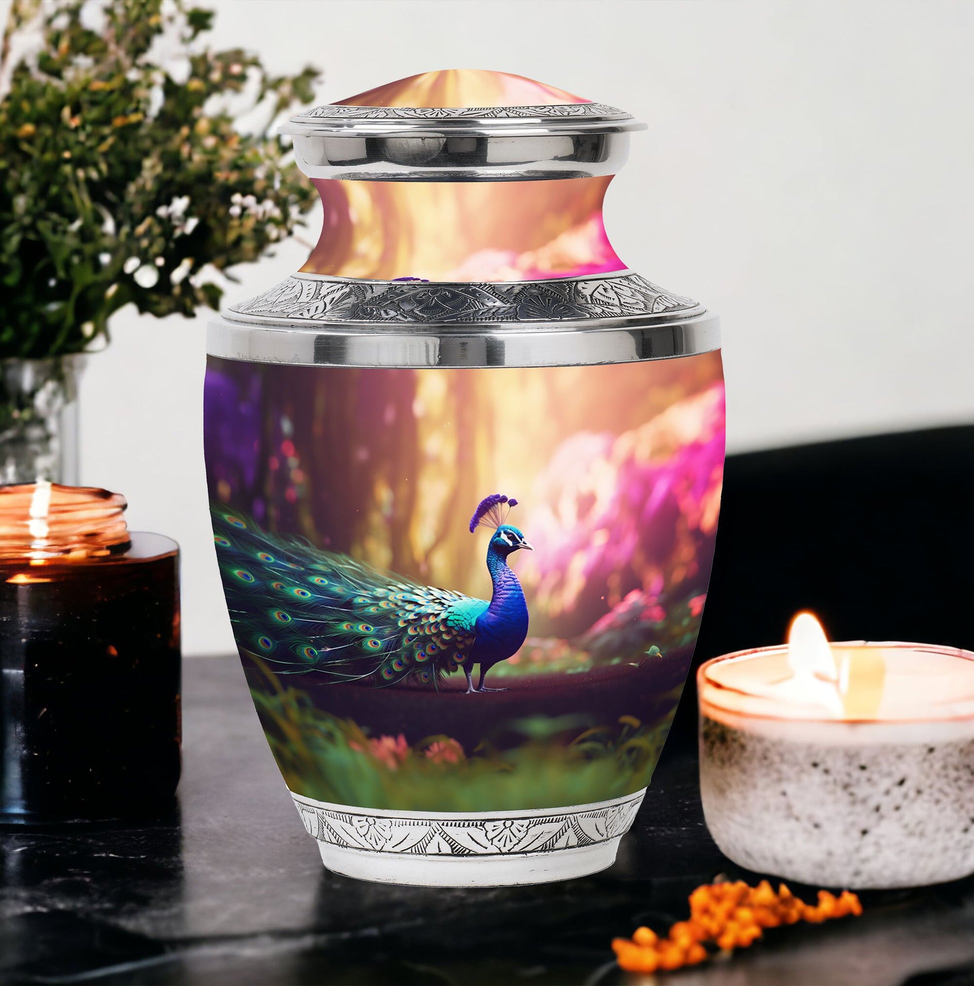 Classic 3-inch Peacock Urn for Ashes, Aluminium Large Urn.