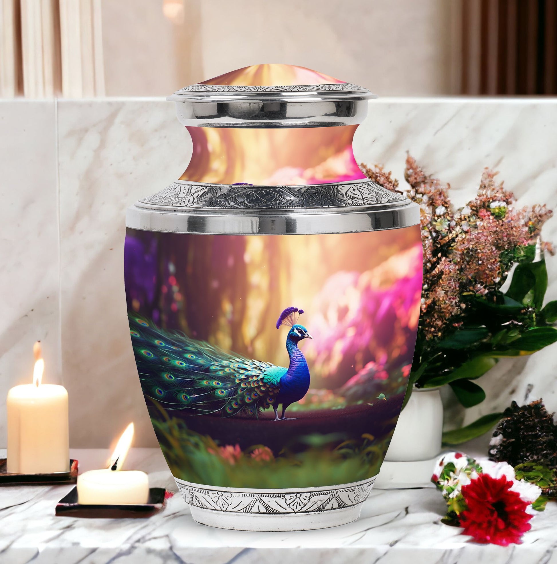 Classic 3-inch Peacock Urn for Ashes, Aluminium Large Urn.