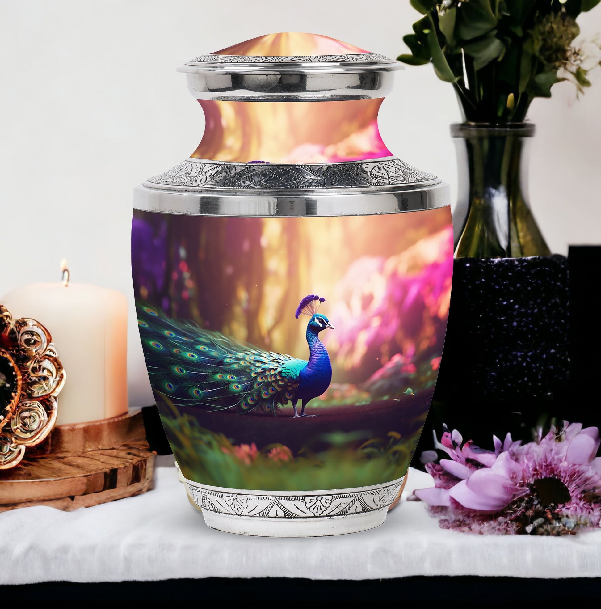 Classic 3-inch Peacock Urn for Ashes, Aluminium Large Urn.