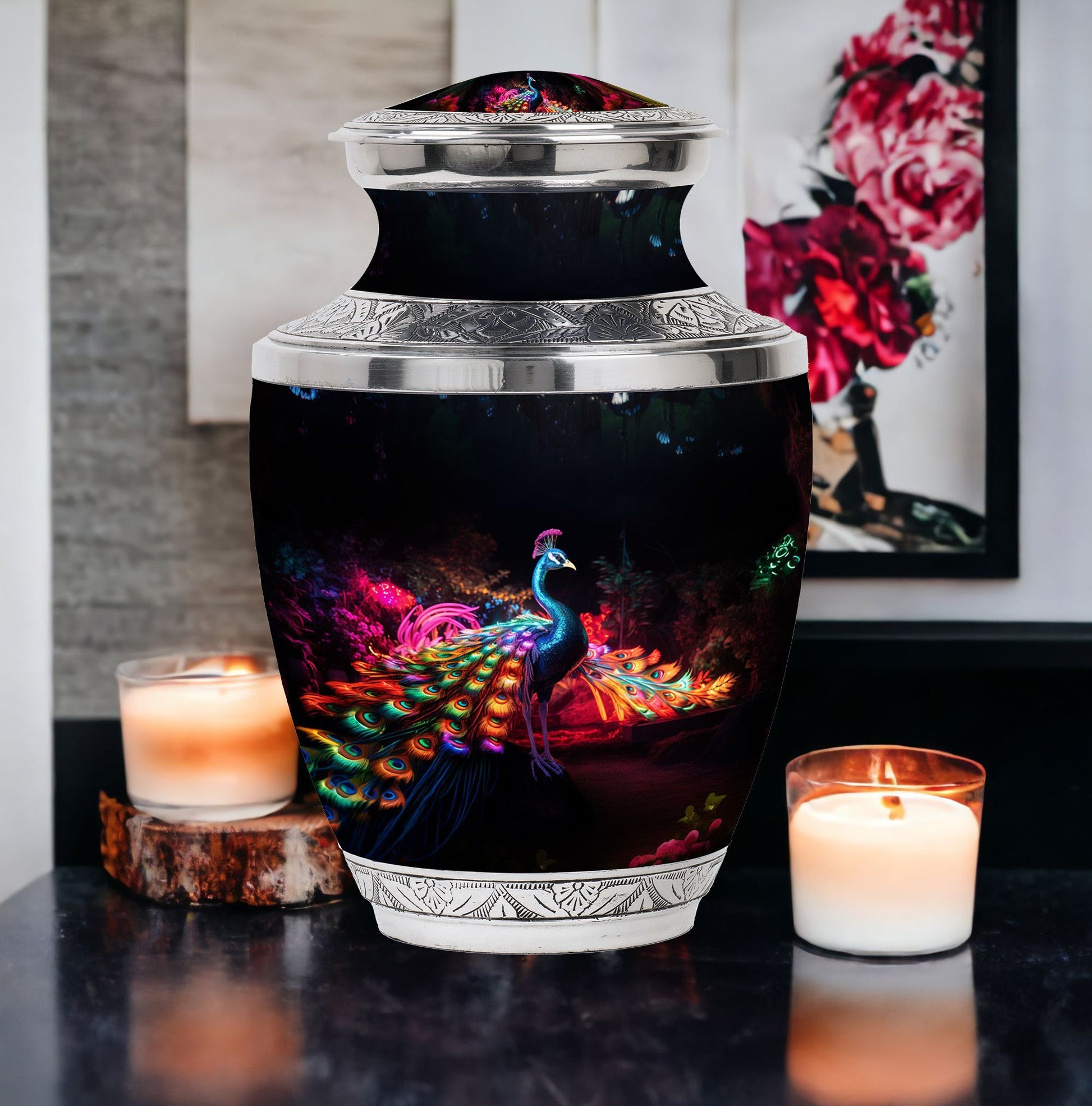 Large Peacock Cremation Urn customizable for adult ashes.