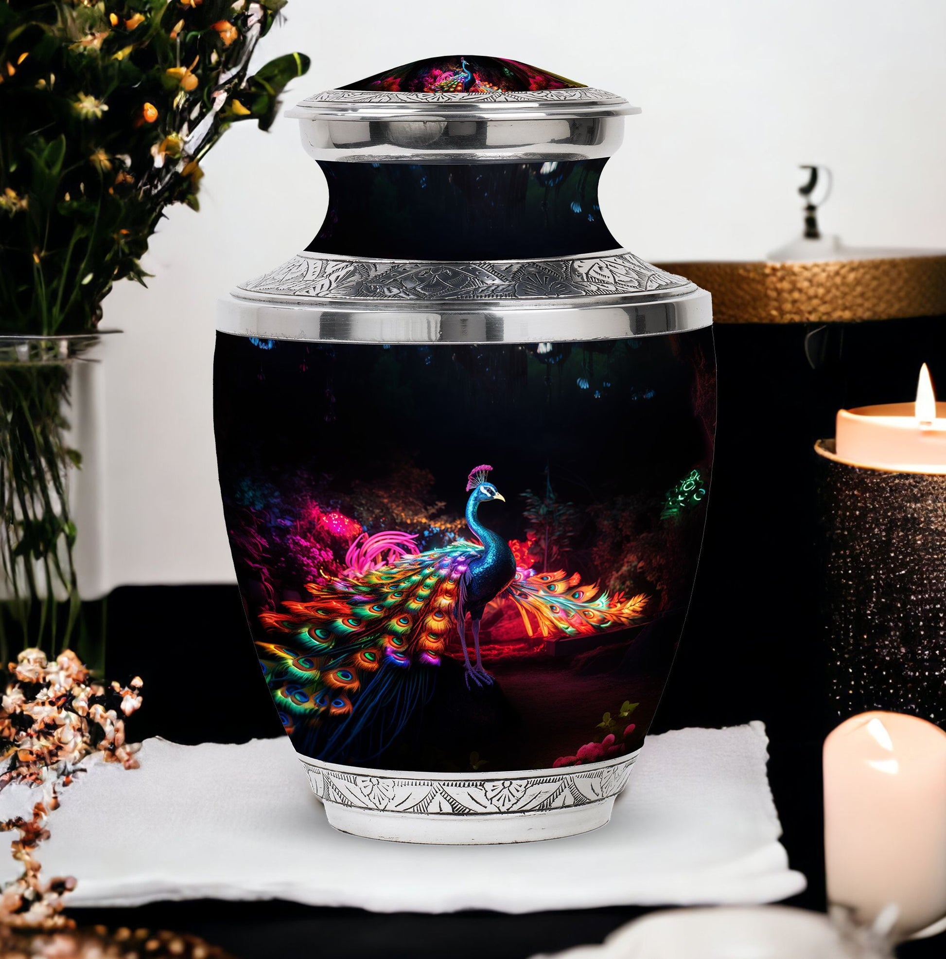 Large Peacock Cremation Urn customizable for adult ashes.