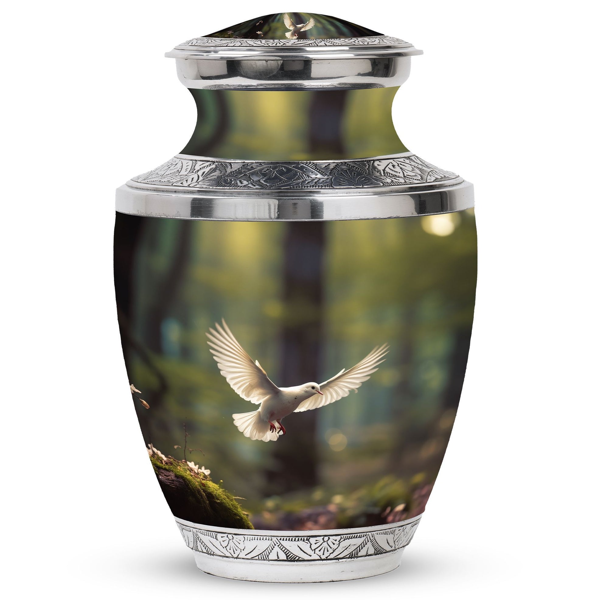 Dove flying Memorial Urn, 3-inch aluminium classic urn.