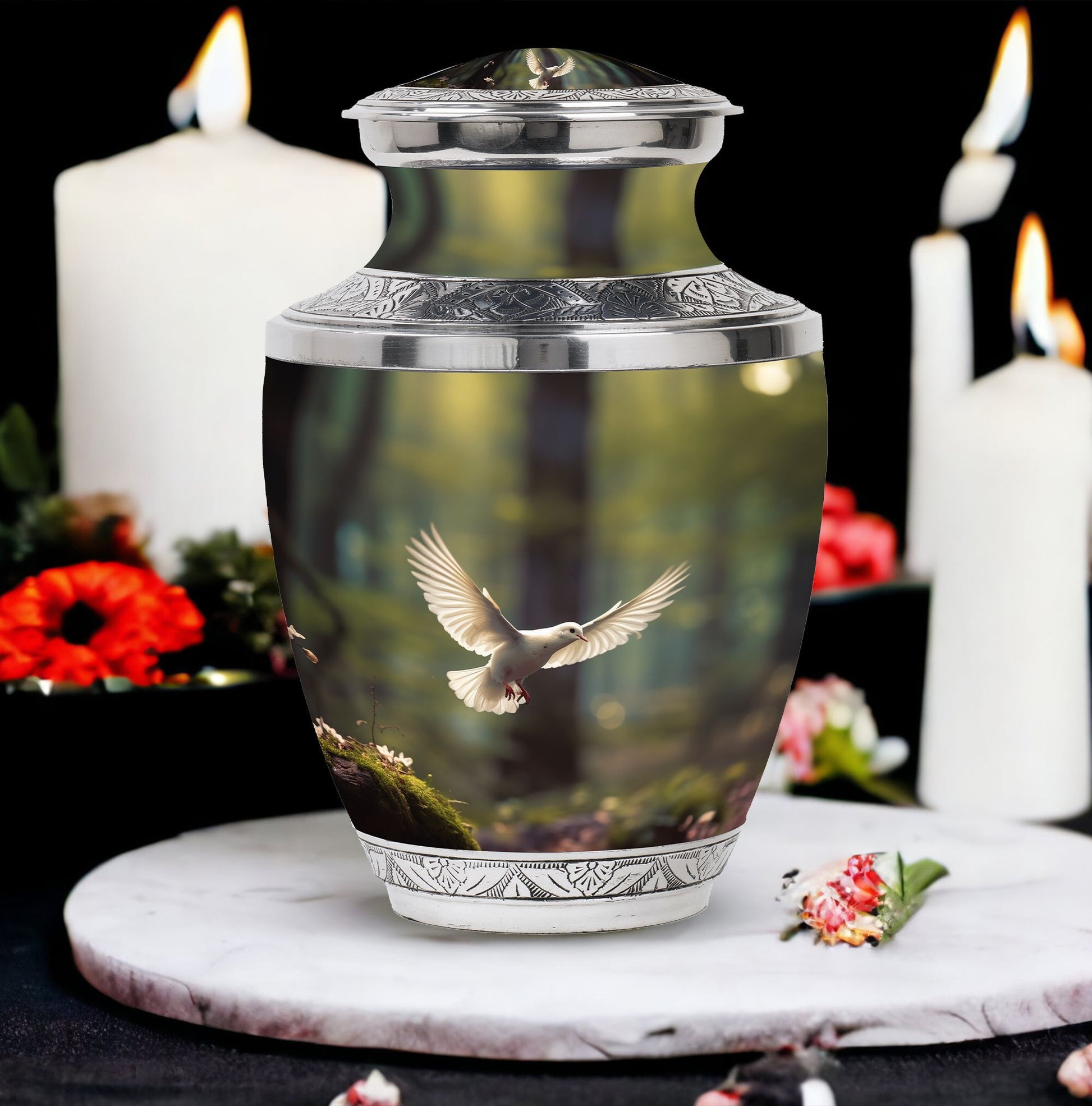 Dove flying Memorial Urn, 3-inch aluminium classic urn.