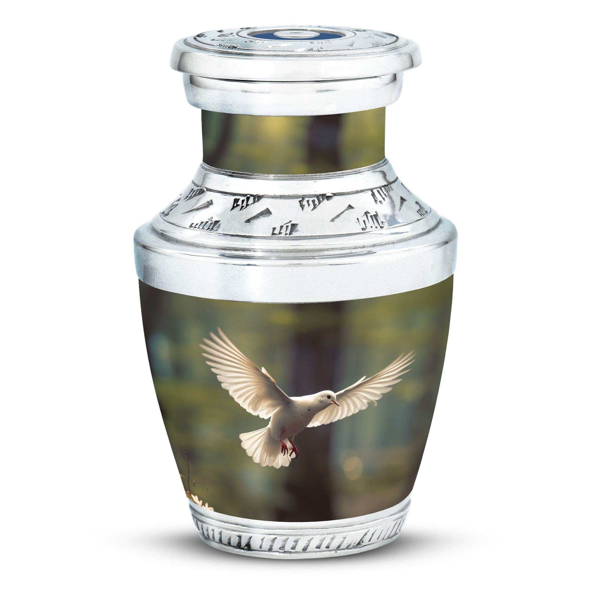 Dove flying Memorial Urn, 3-inch aluminium classic urn.