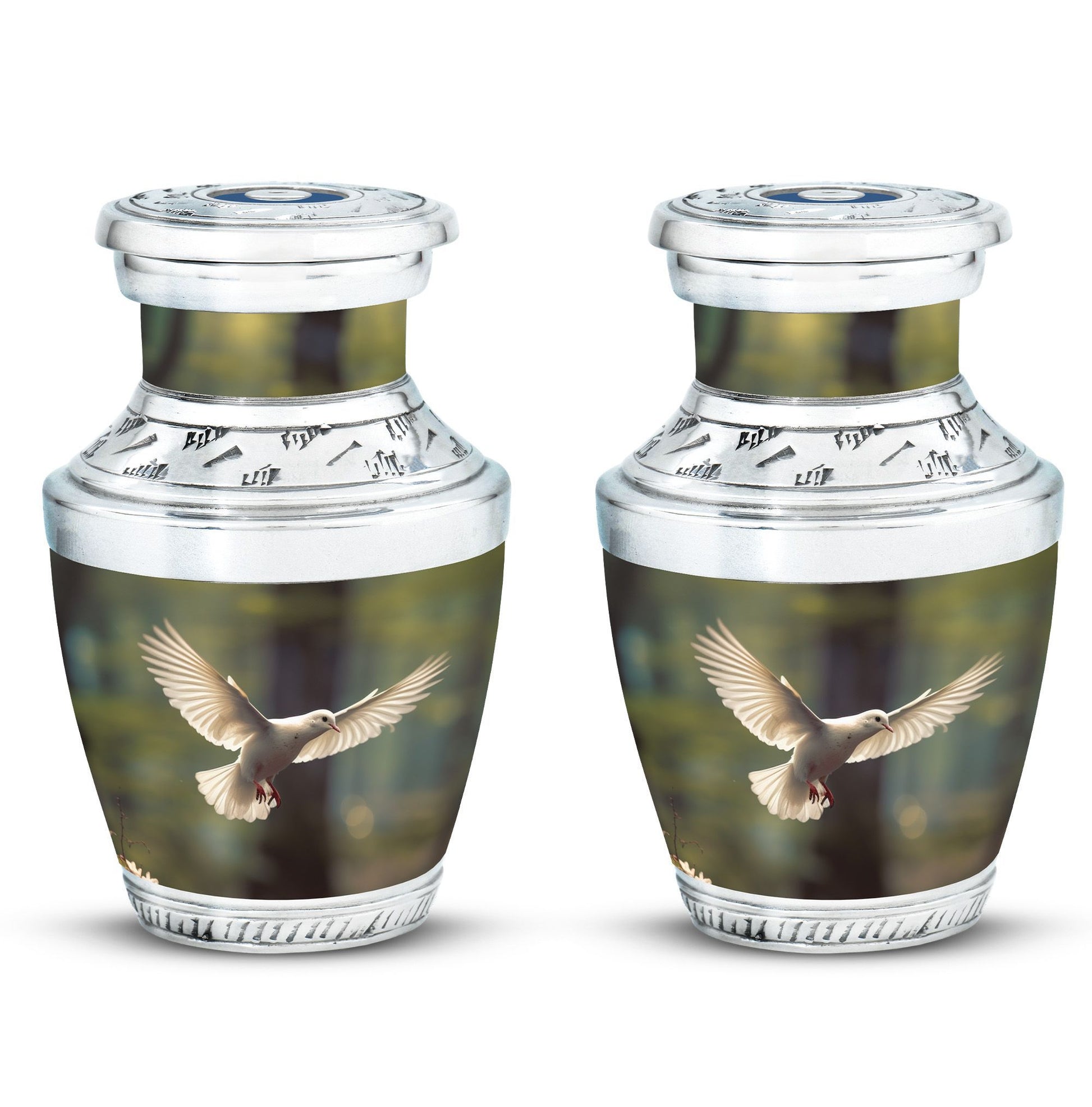 Dove flying Memorial Urn, 3-inch aluminium classic urn.