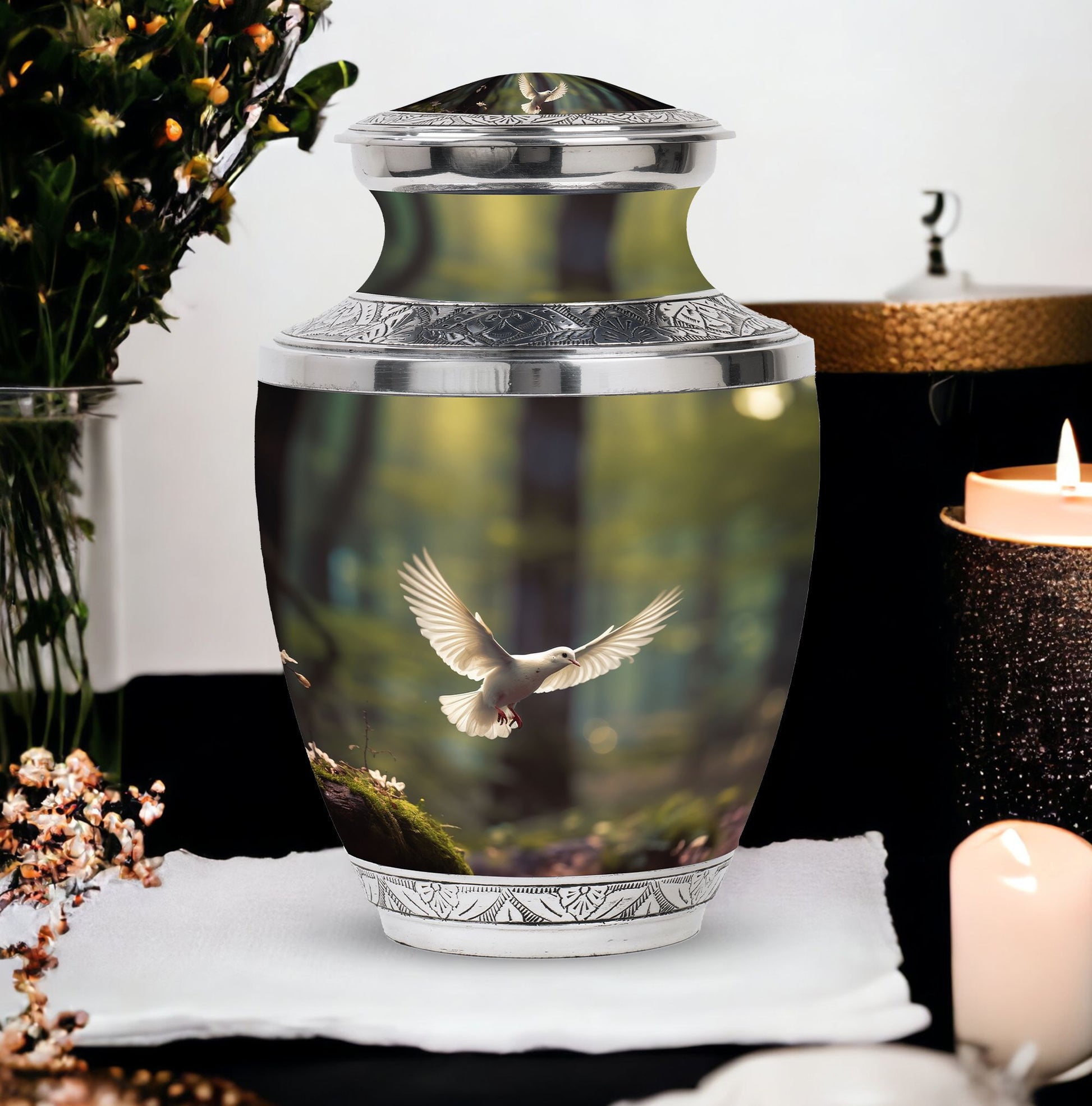 Dove flying Memorial Urn, 3-inch aluminium classic urn.