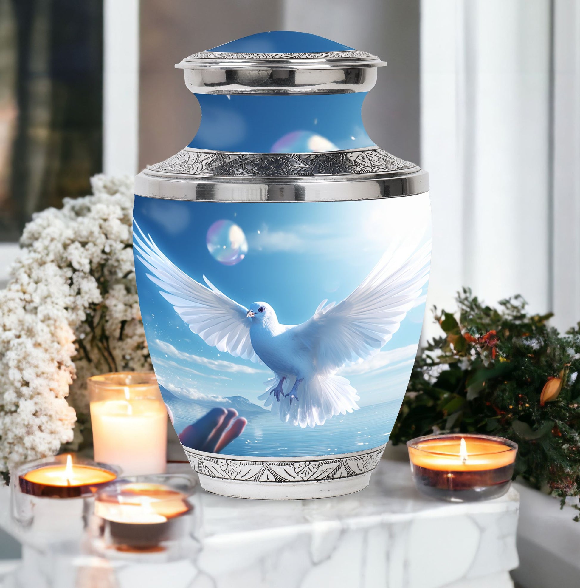 Classic Dove Urn for human ashes, includes velvet pouch