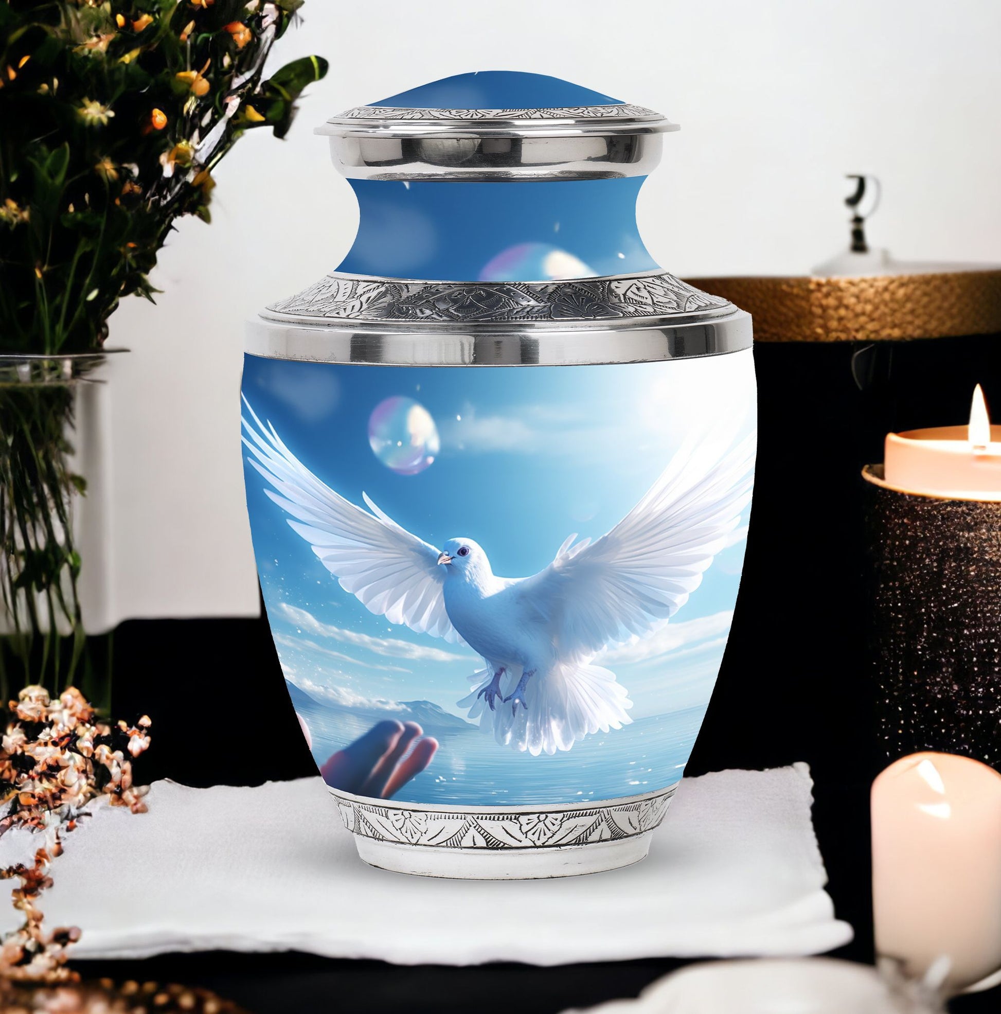 Classic Dove Urn for human ashes, includes velvet pouch