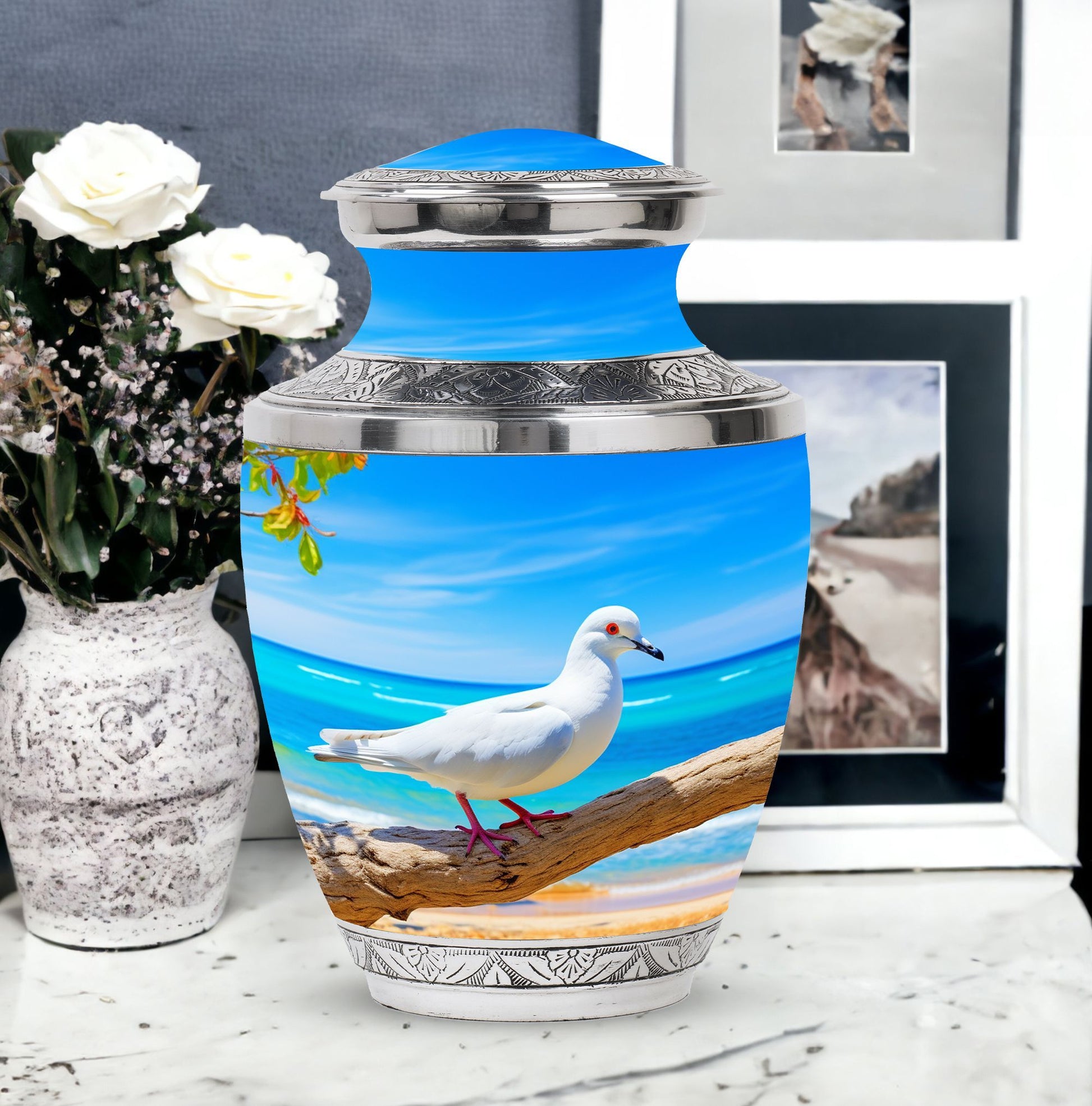 Personalized large Dove cremation urn with classic design.