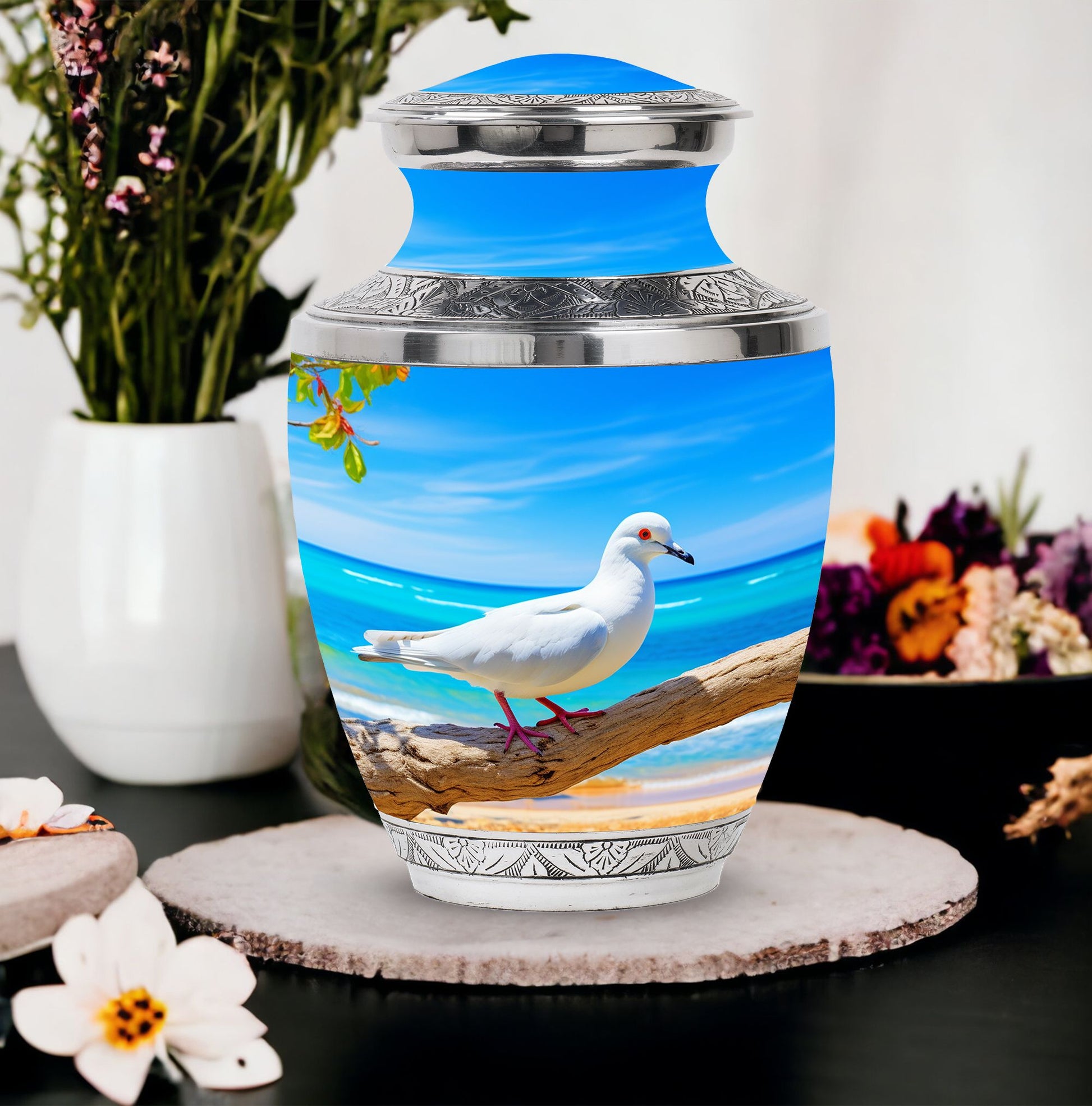 Personalized large Dove cremation urn with classic design.