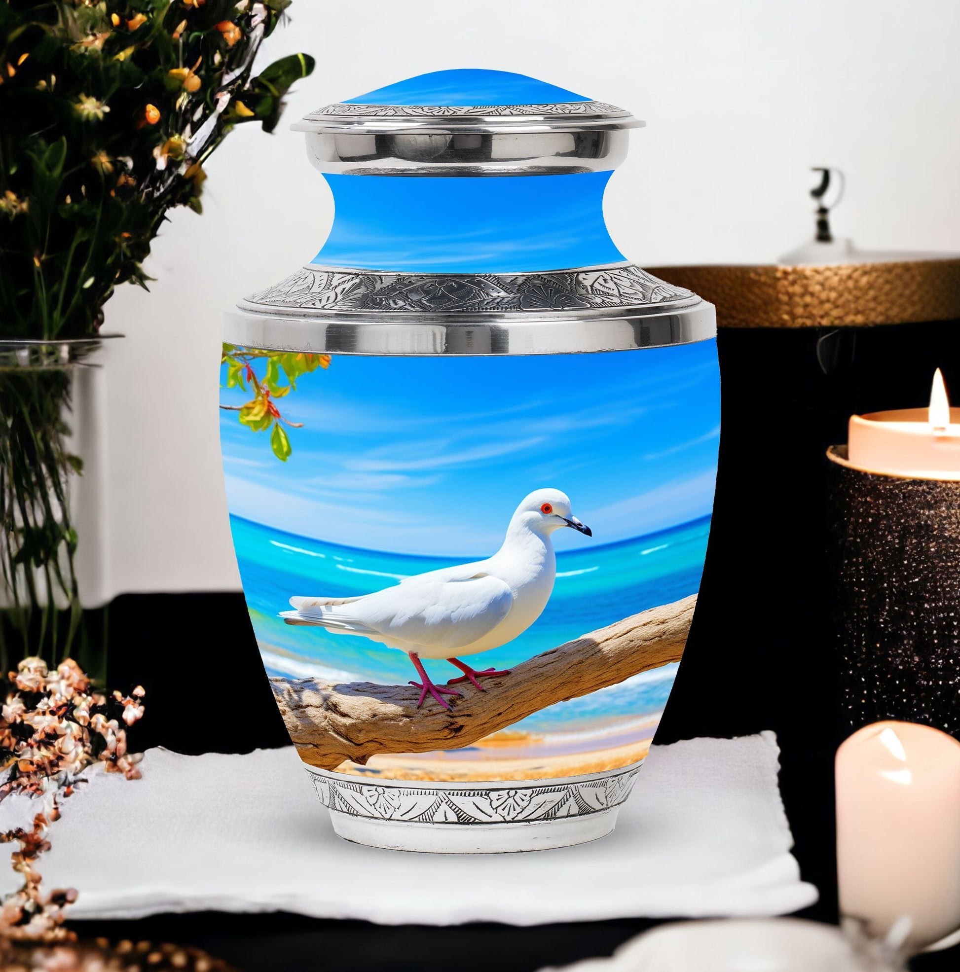 Personalized large Dove cremation urn with classic design.