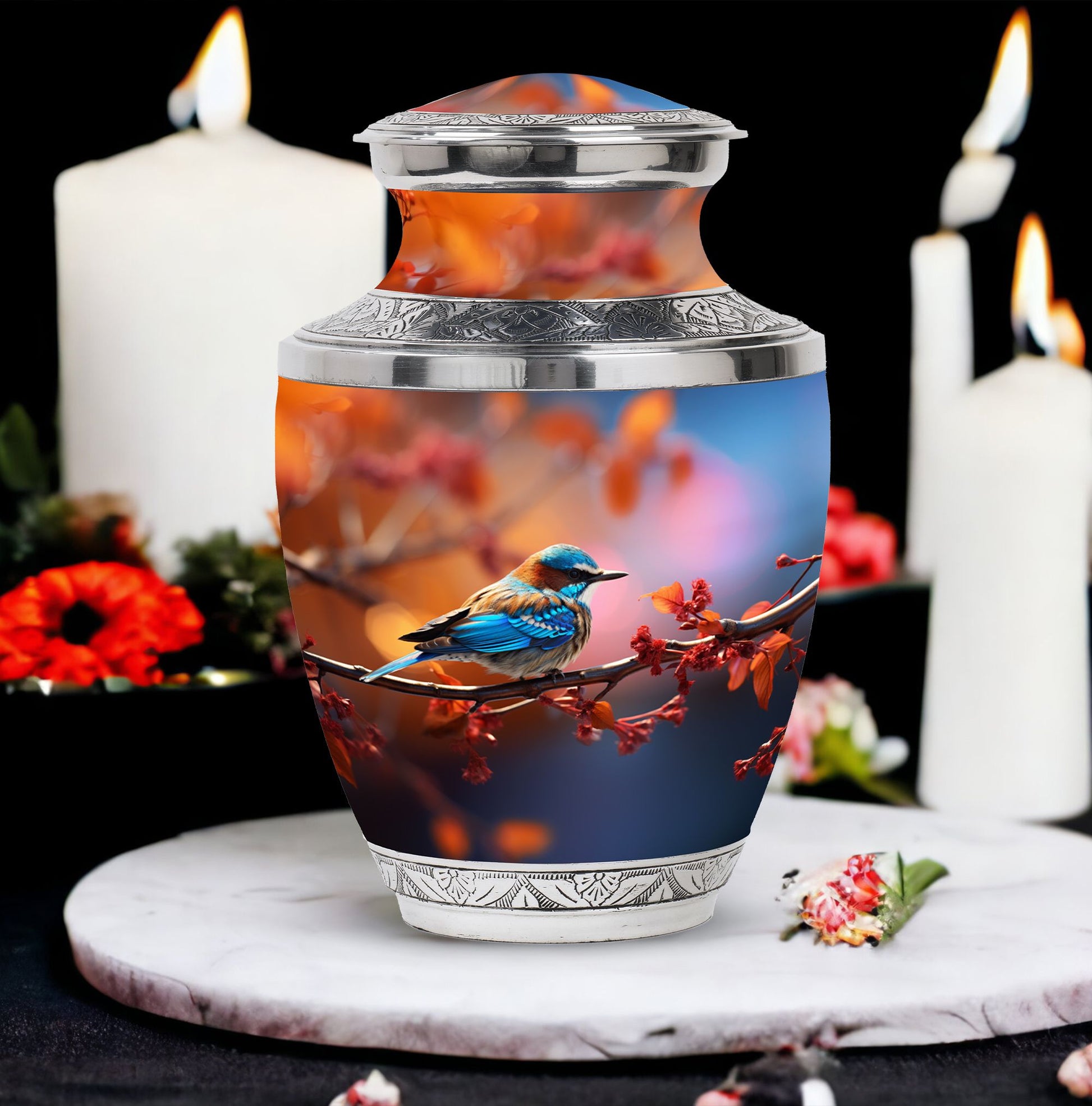 Blue Sparrow 3-inch Classic Memorial Urn, customized.